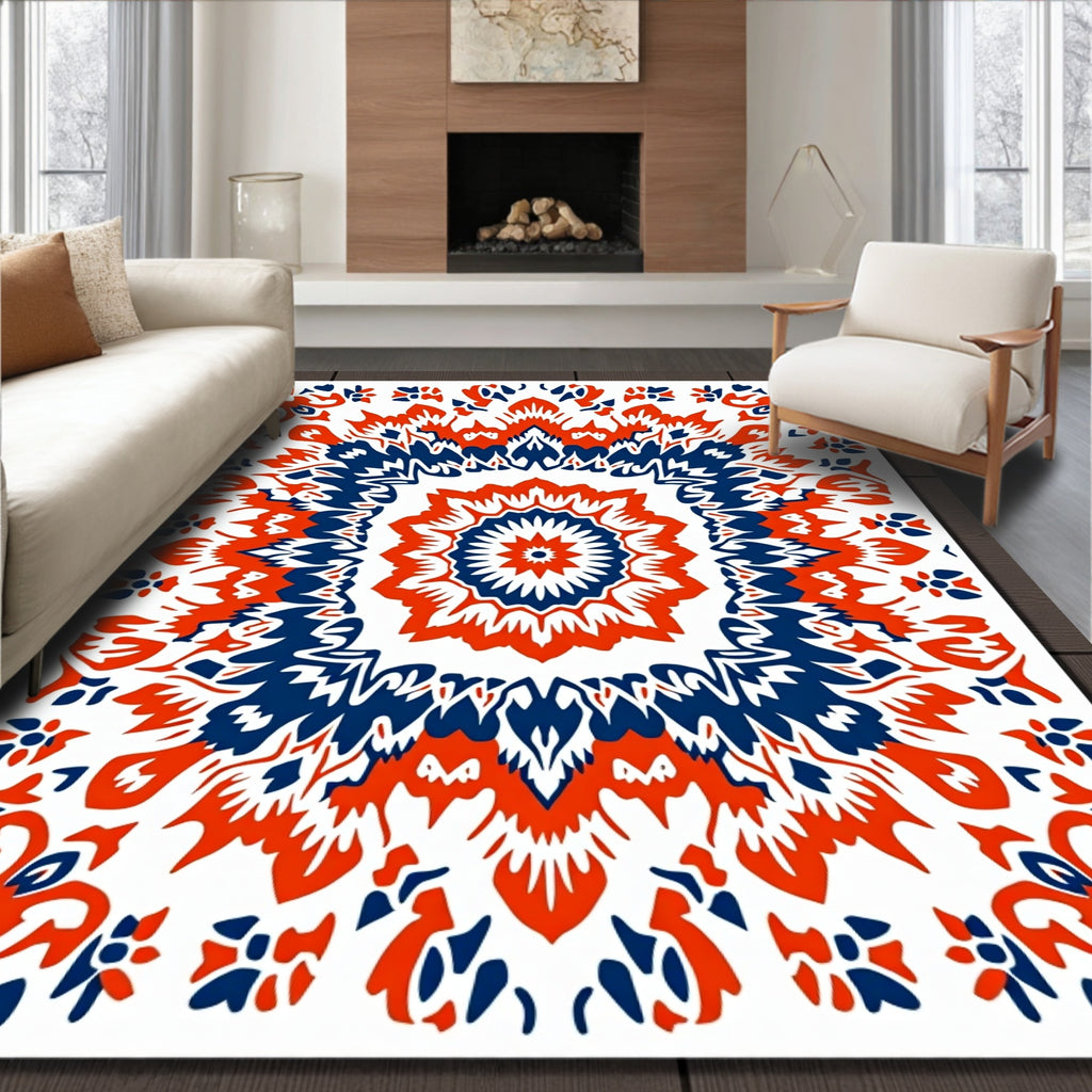 Red Navy Mandala Blooming Pattern Rug