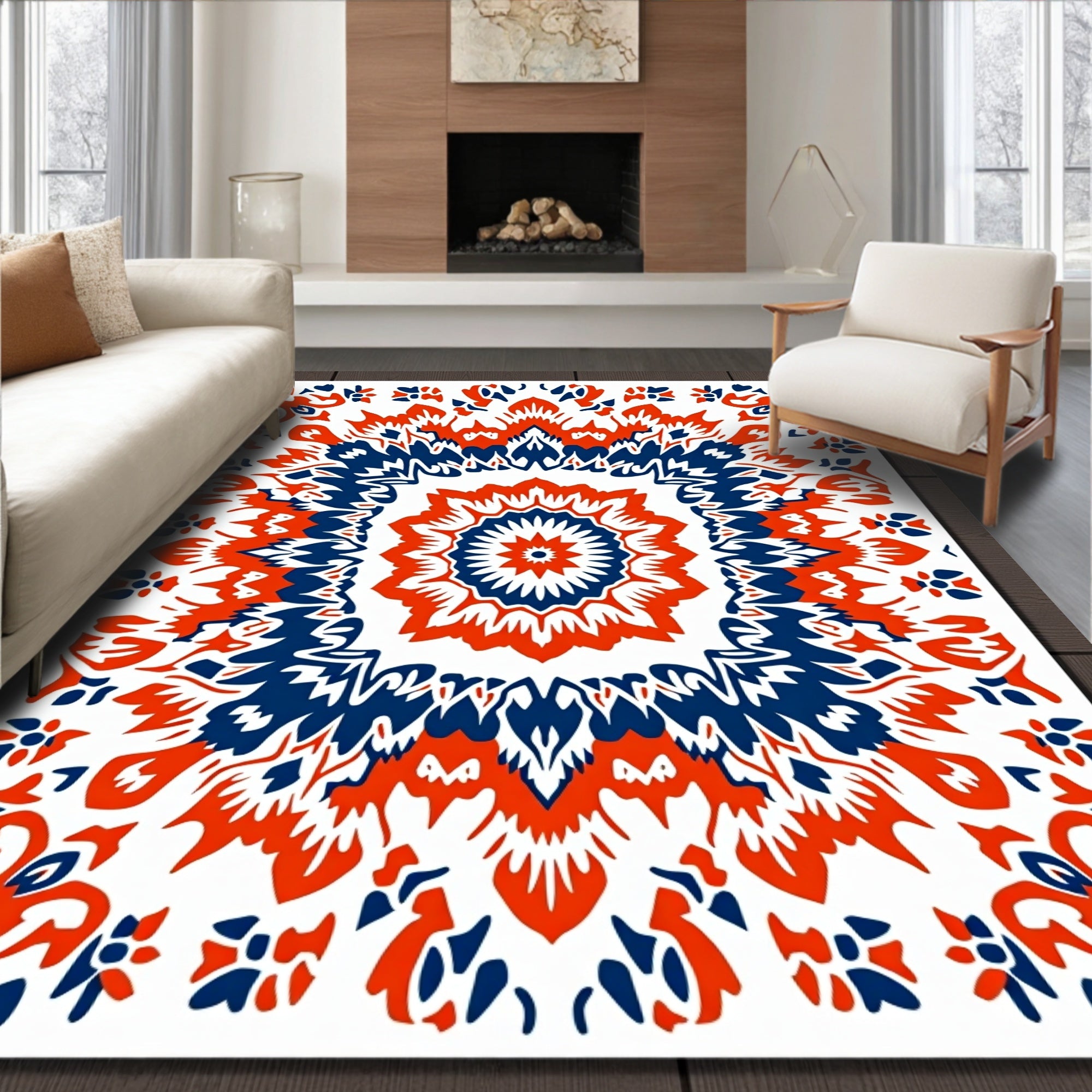 Red Navy Mandala Blooming Pattern Rug