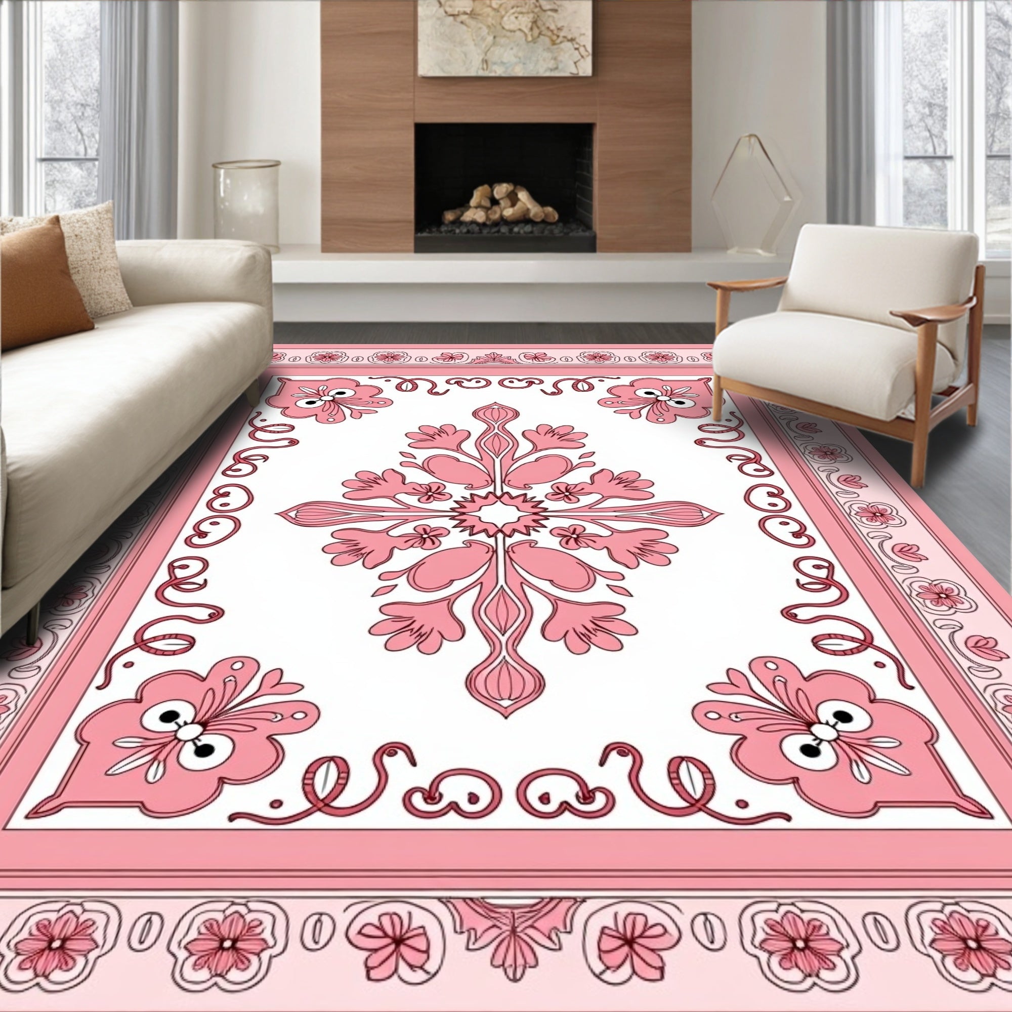 Pink Floral Symmetry Decorative Rug