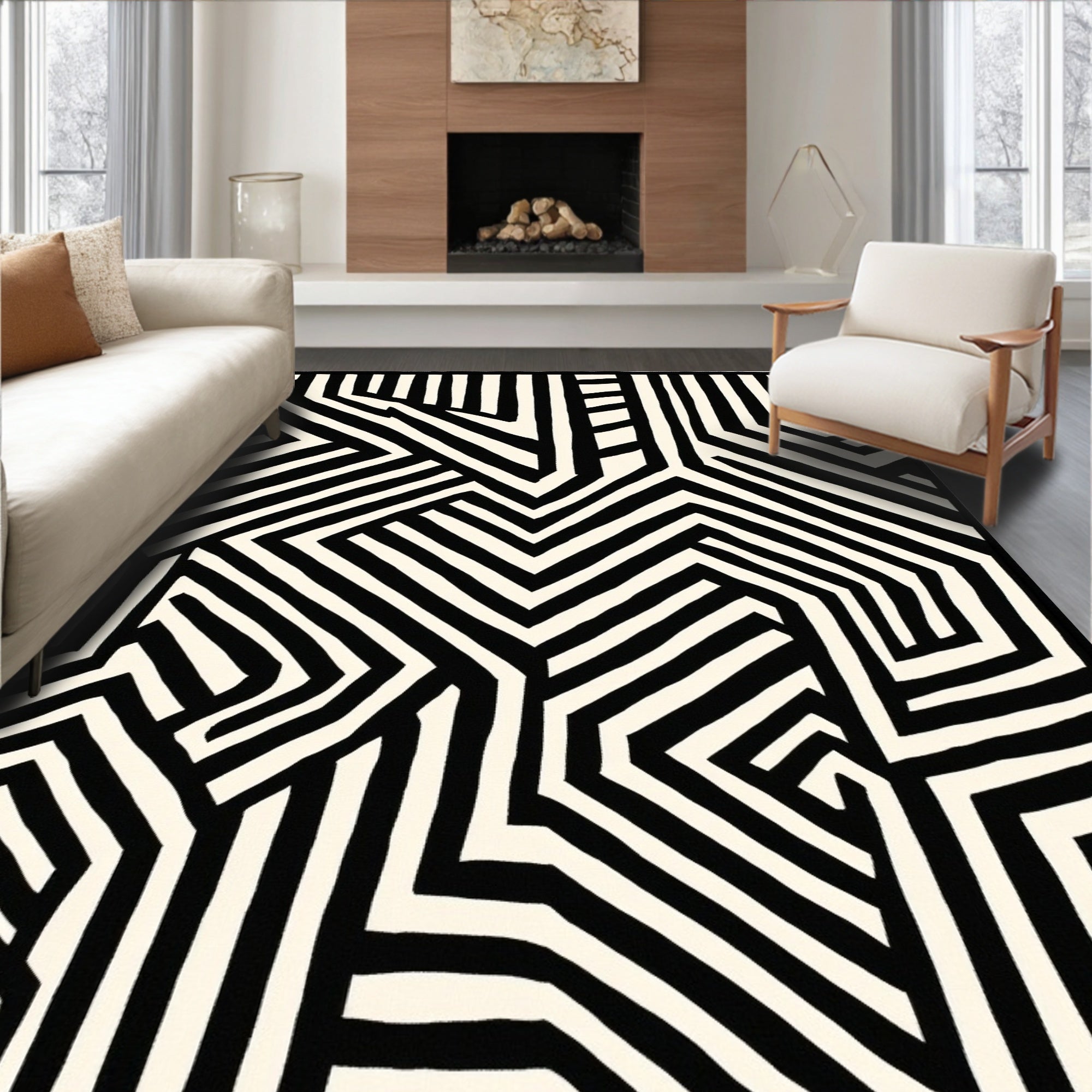 Bold Black White Geometric Abstract Rug