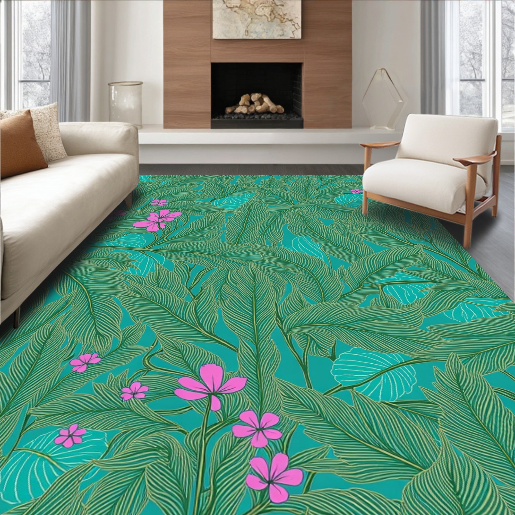 Tropical Green Leaves Pink Flowers Pattern Rug
