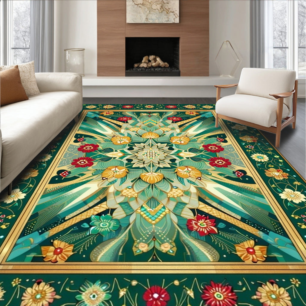 Ornate Emerald Floral Art Nouveau Rug