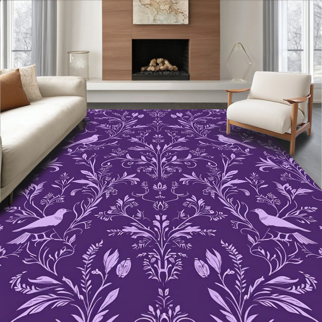 Regal Purple Bird and Floral Pattern Rug