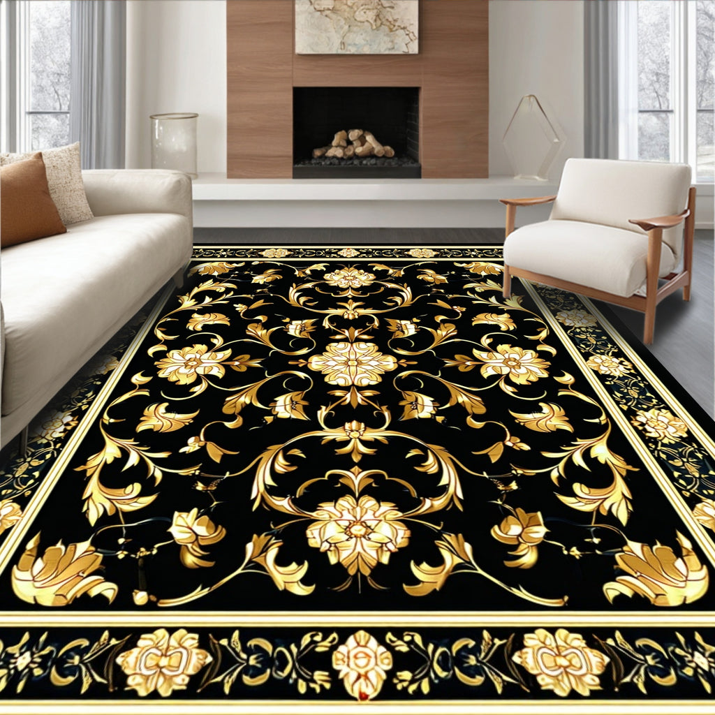 Ornate Gold Black Floral Pattern Rug
