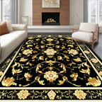 Ornate Gold Black Floral Pattern Rug