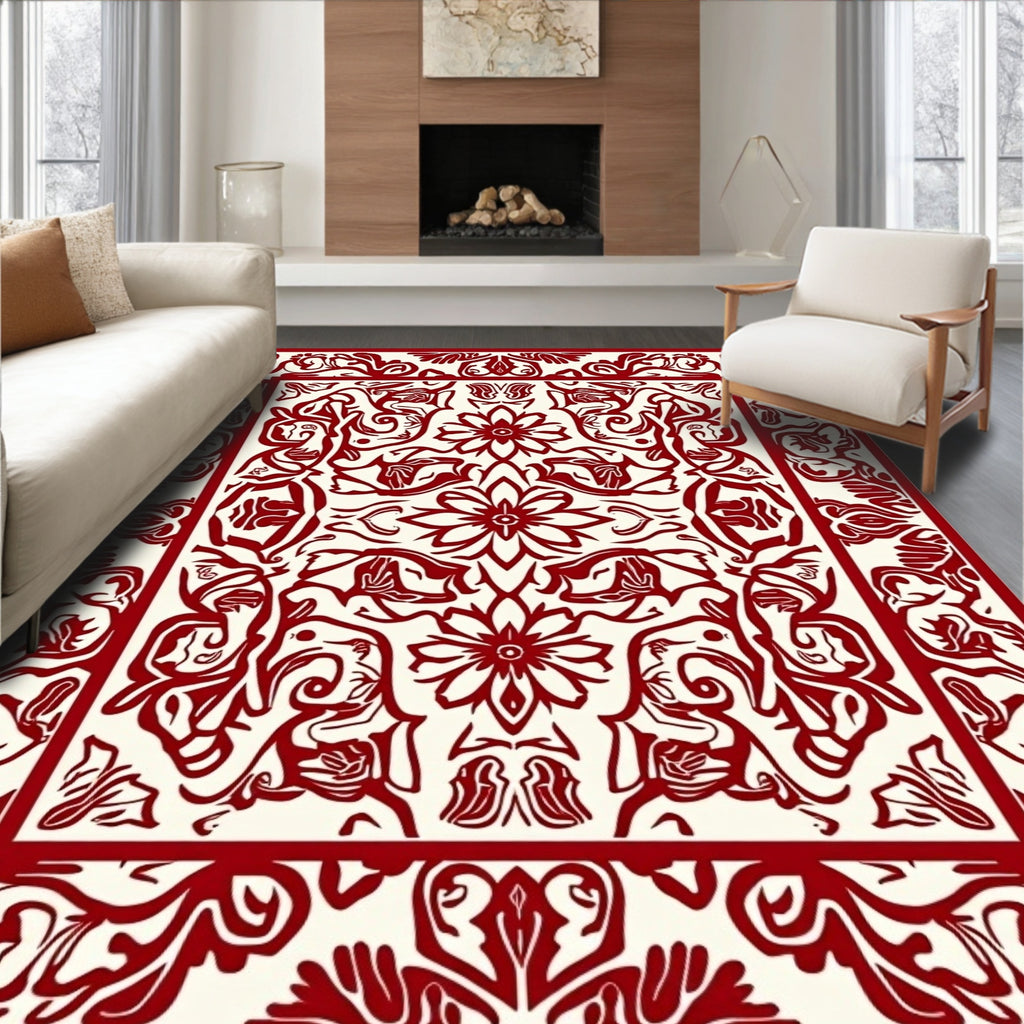 Ornate Red Floral Border Design Rug