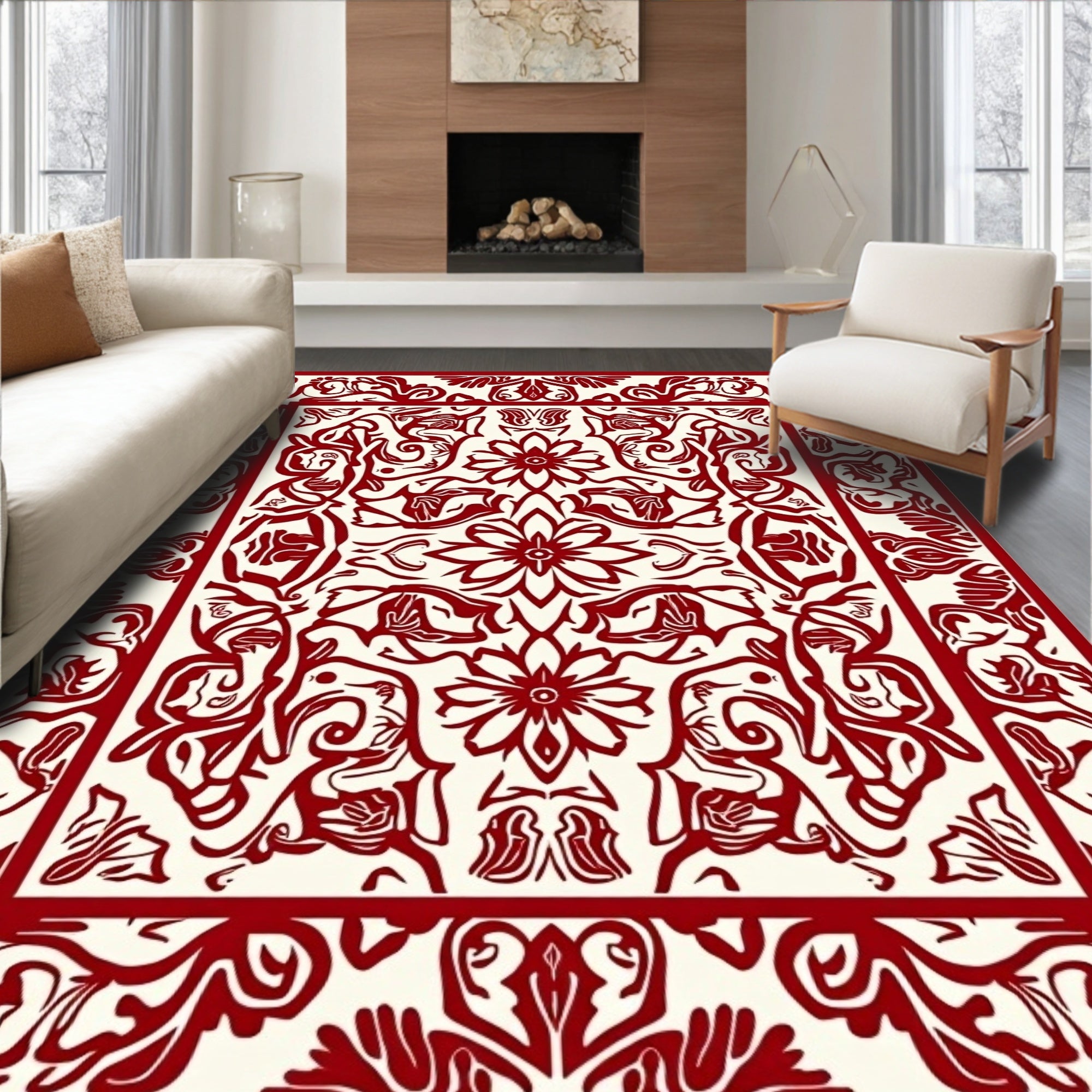 Ornate Red Floral Border Design Rug