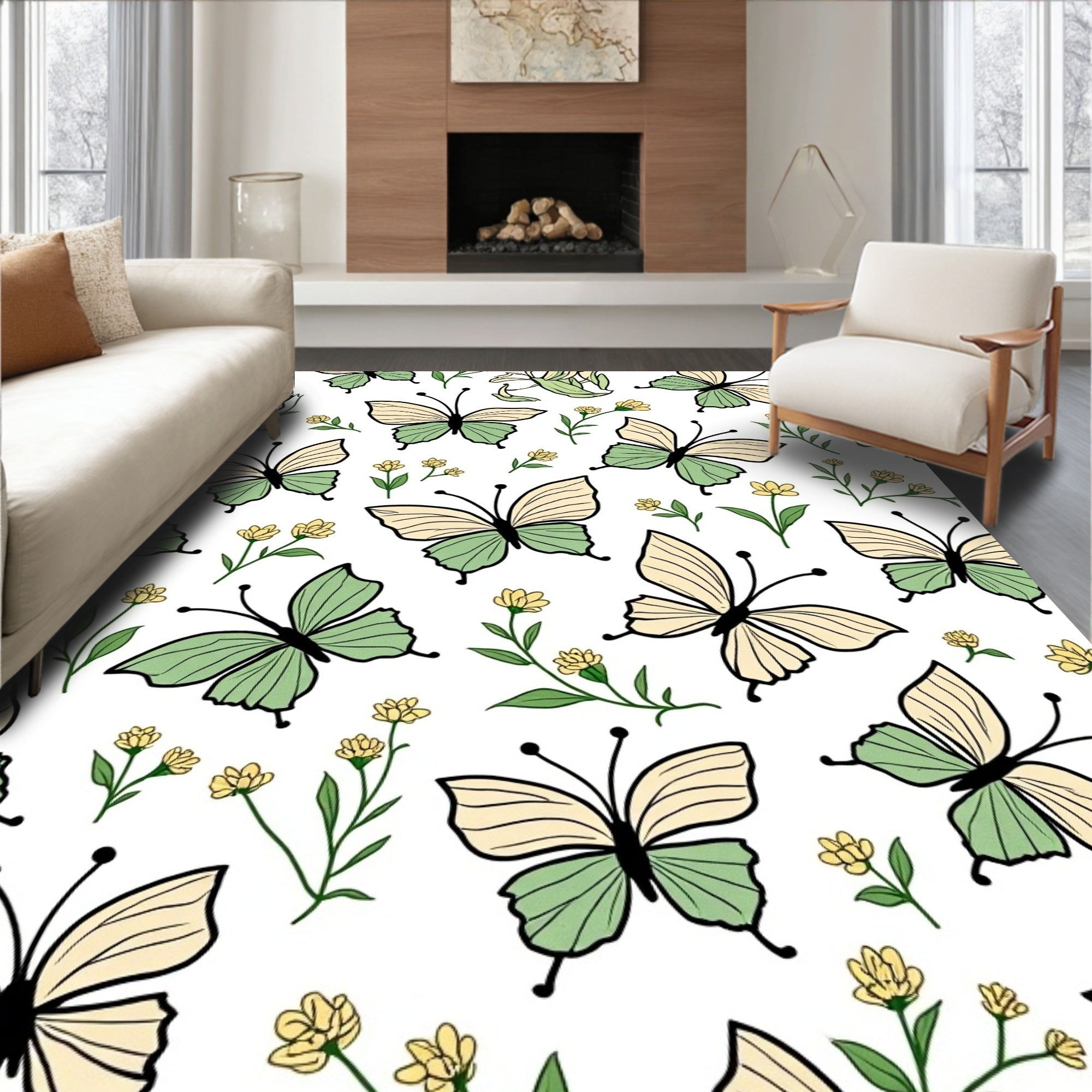 Pastel Butterfly Garden Pattern Rug