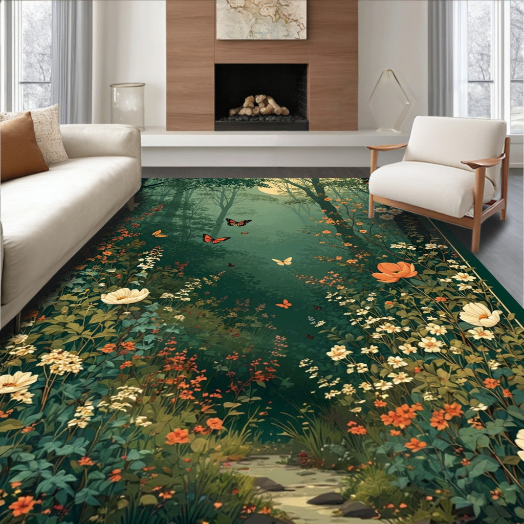 Enchanted Forest Butterfly Floral Scene Rug
