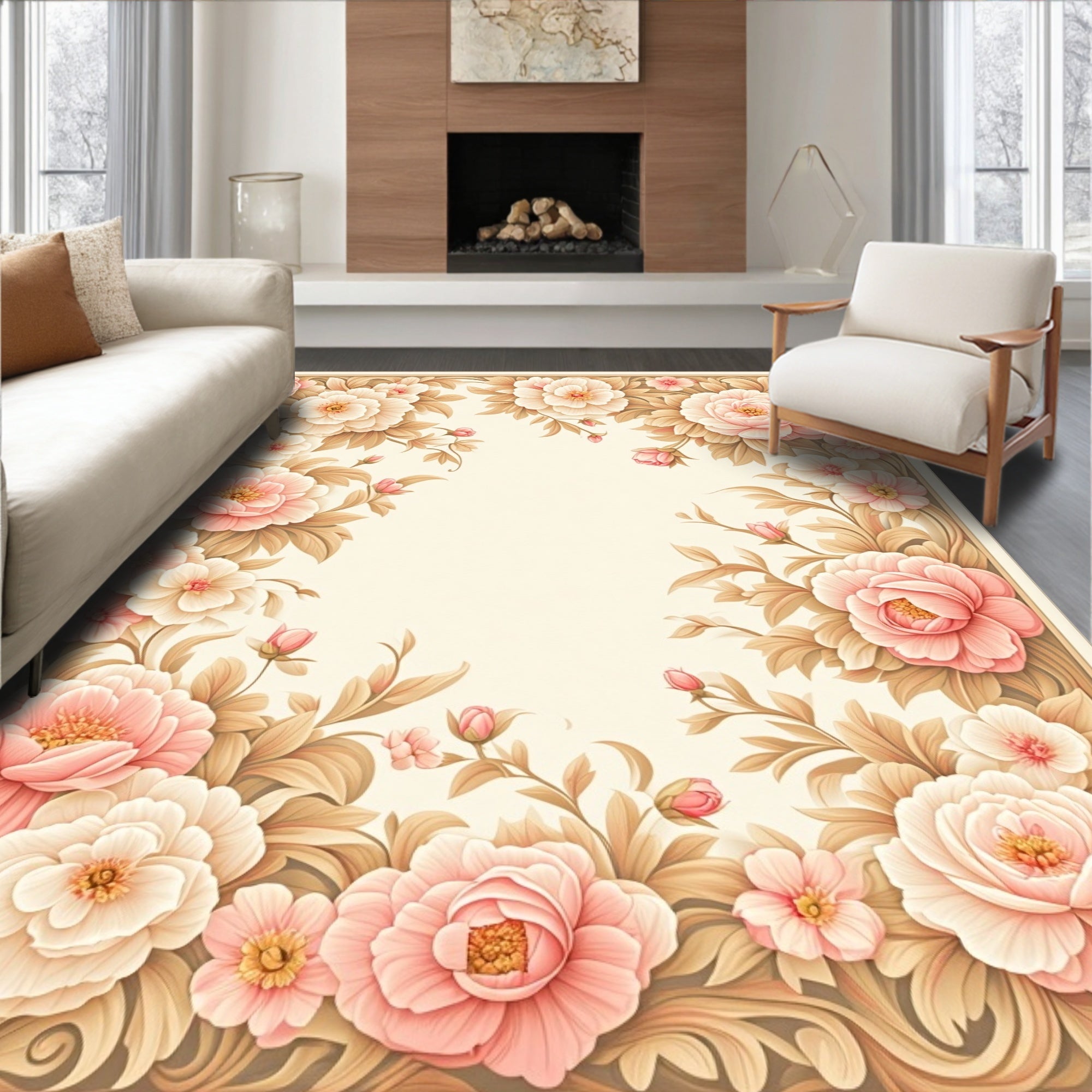 Floral Border With Peony Motifs Rug