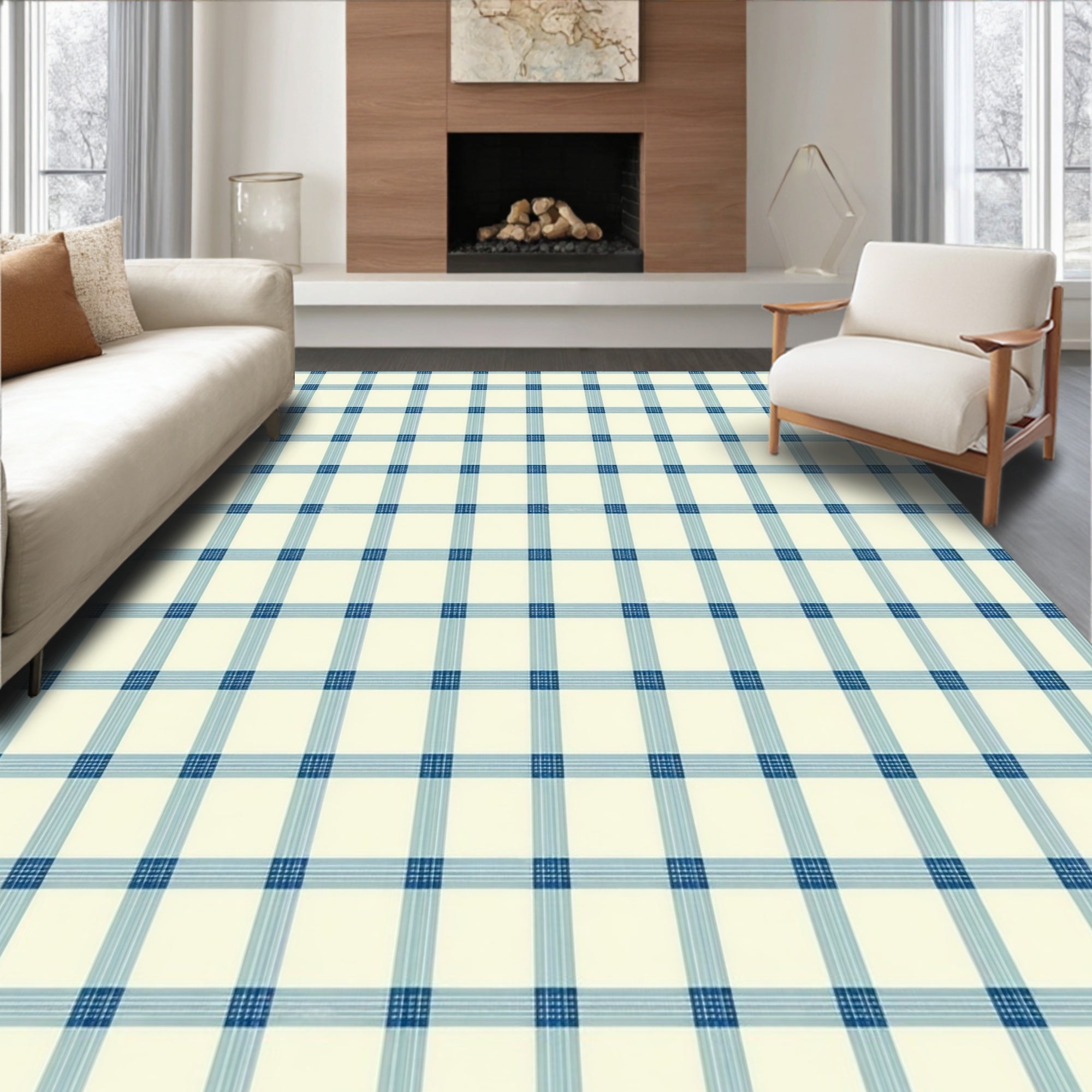 Blue and Cream Classic Plaid Design Rug