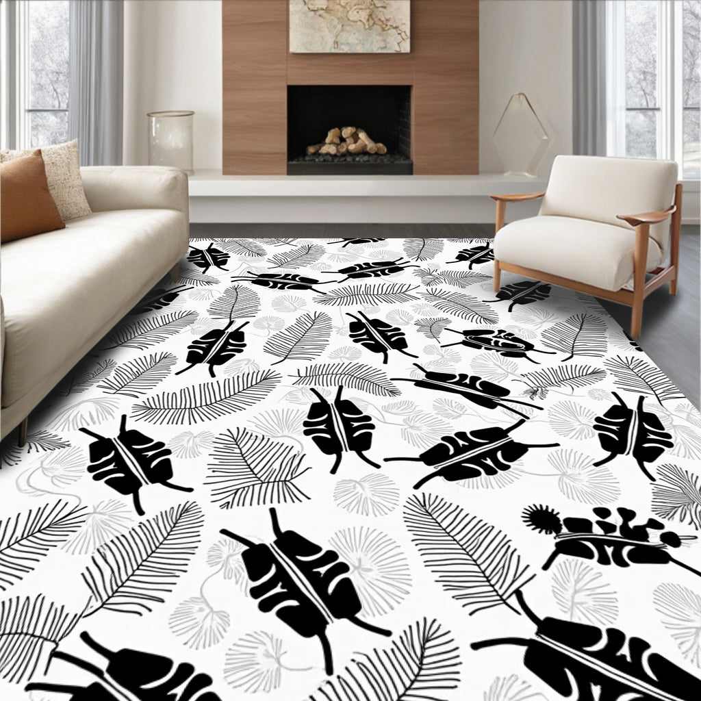 Monochrome Fern and Organic Pattern Rug