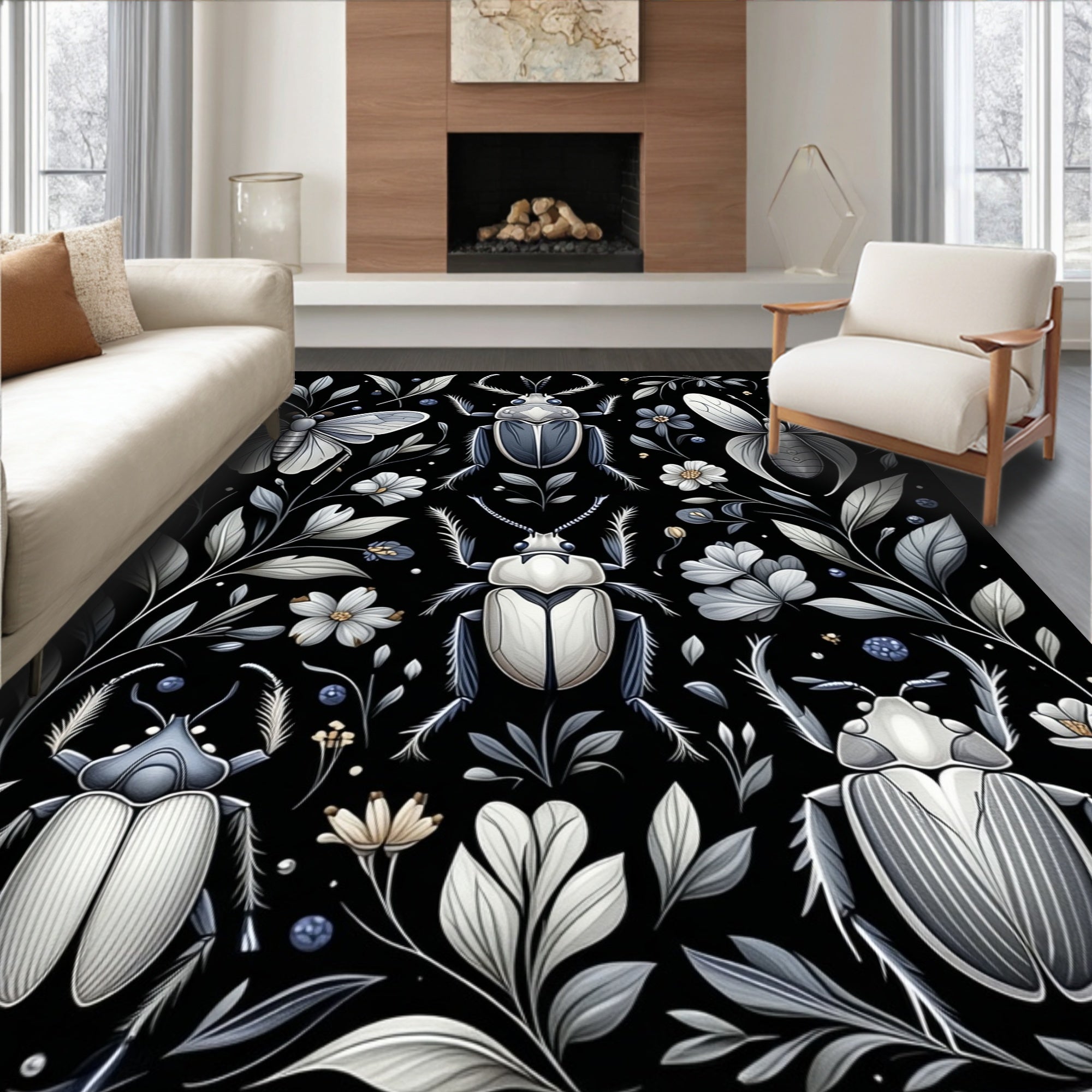 Monochromatic Insects Floral Pattern Rug