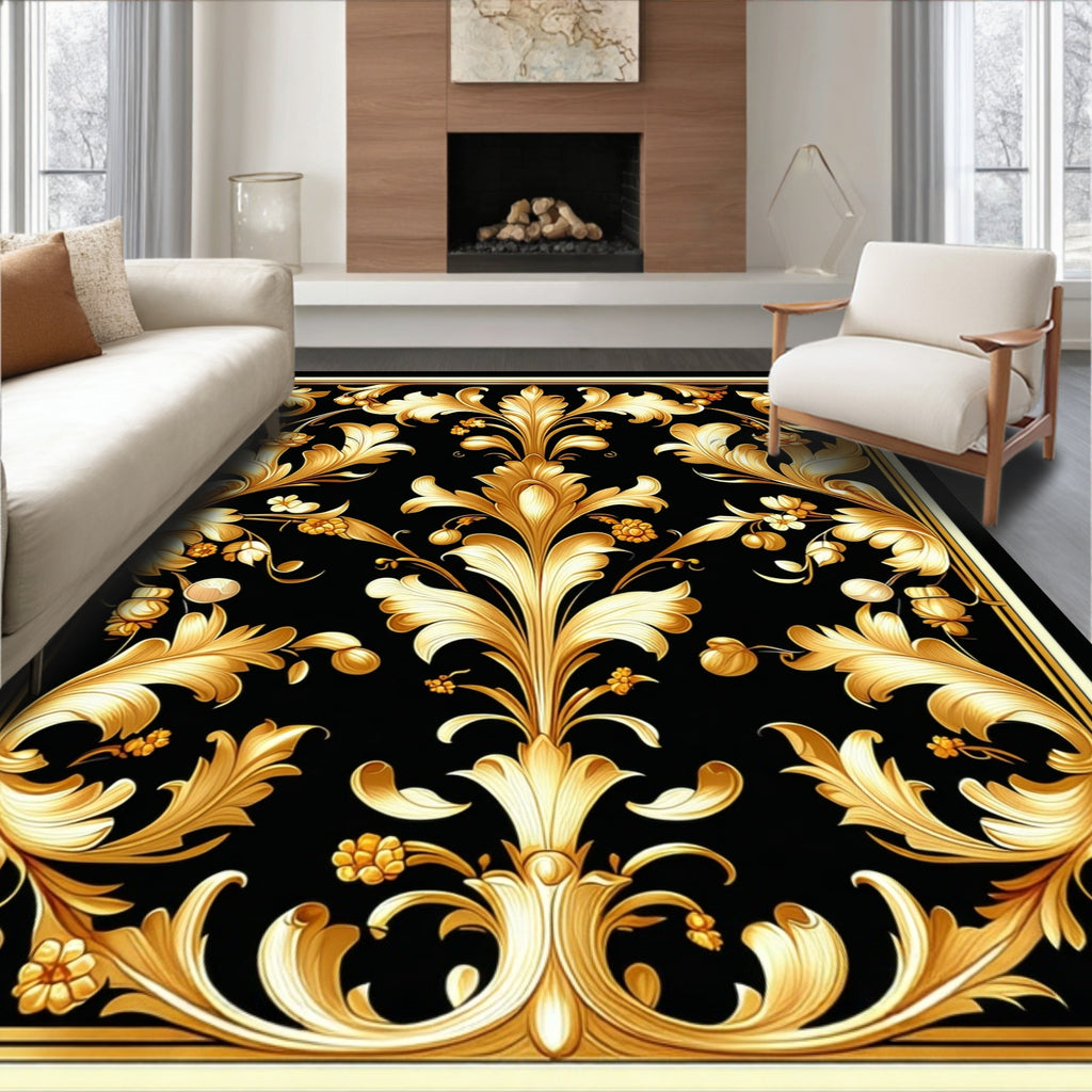 Ornate Floral Scrollwork Gold Black Design Rug
