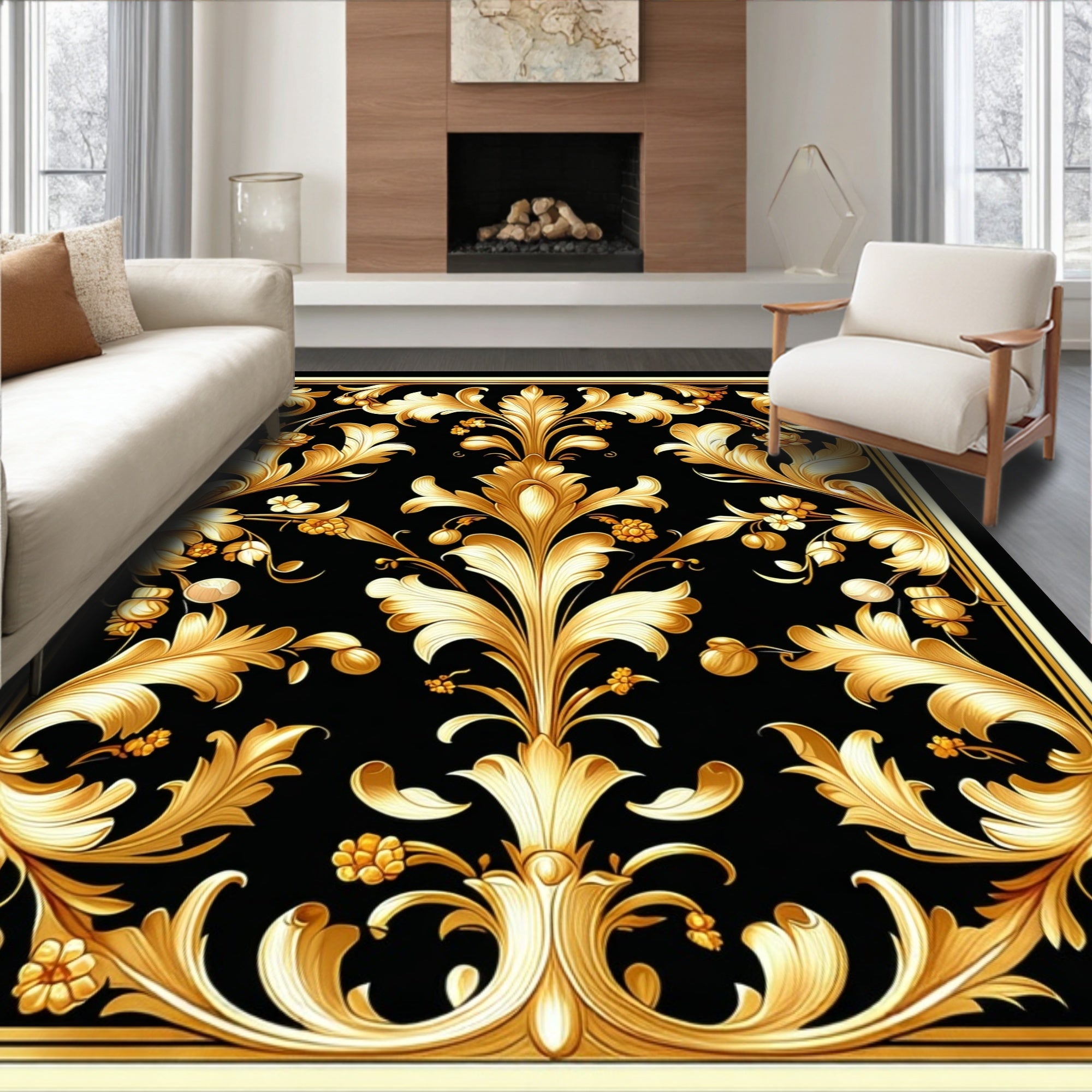 Ornate Floral Scrollwork Gold Black Design Rug