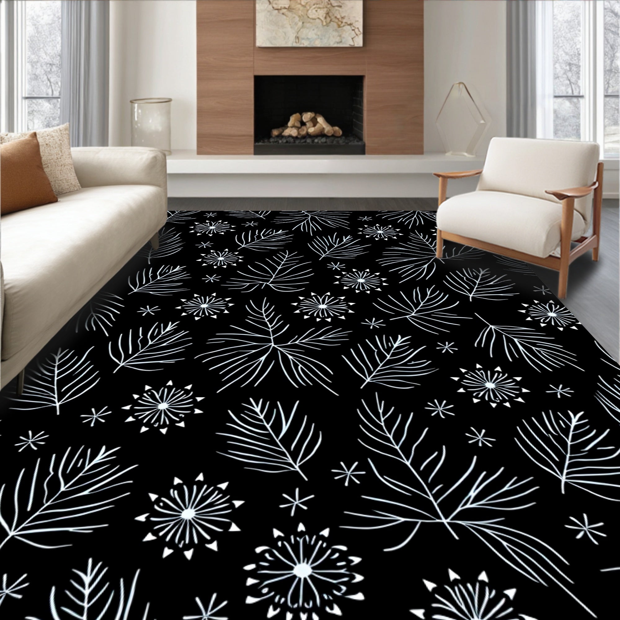 Black White Pine Needle Snowflake Rug