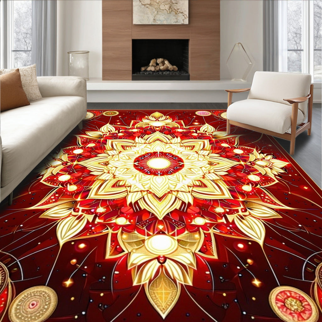 Crimson Gold Intricate Mandala Rug