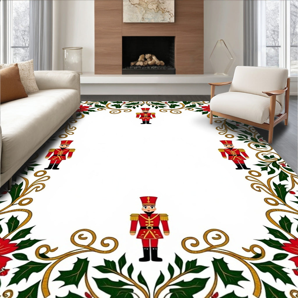 Red Nutcracker Holly Poinsettia Border Rug
