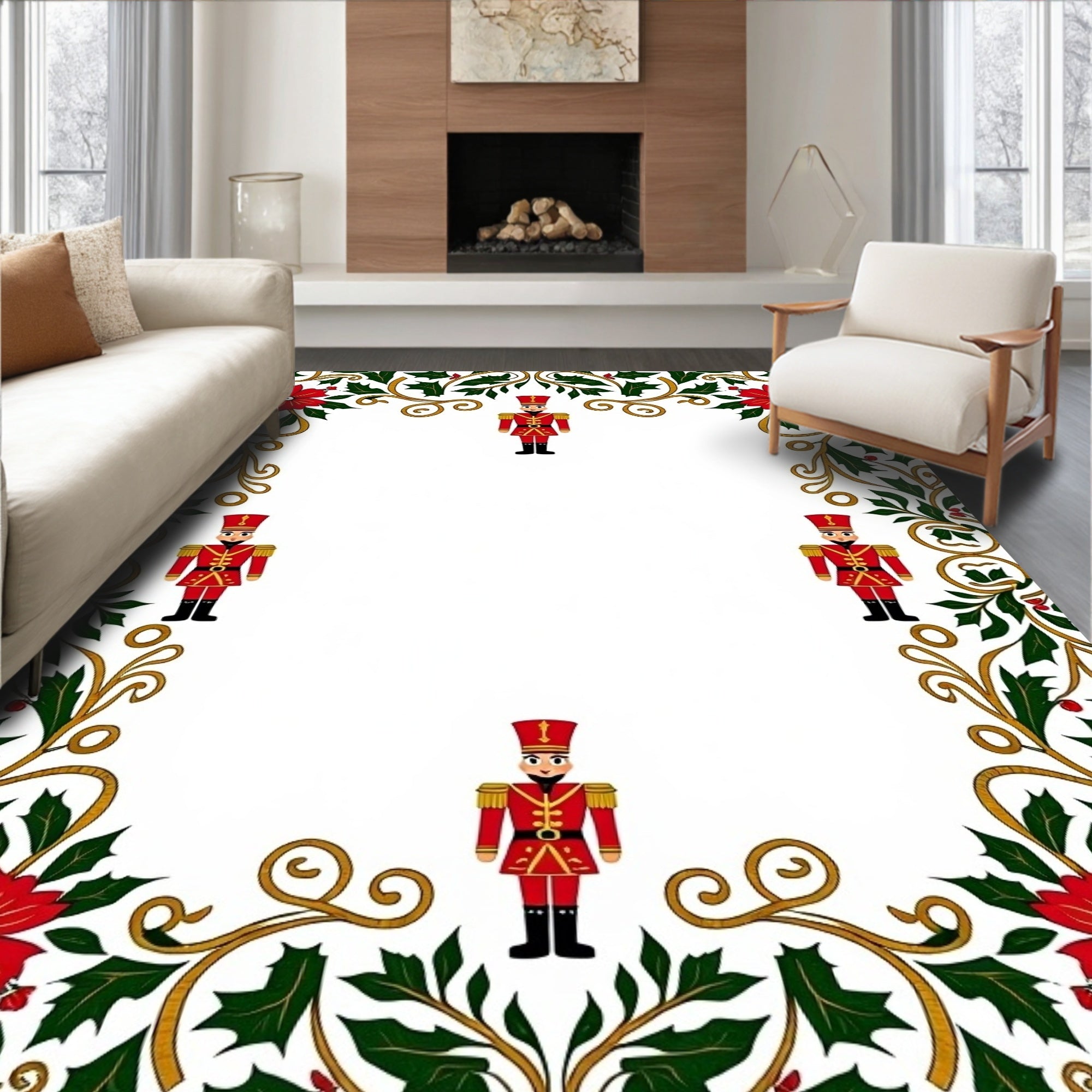 Red Nutcracker Holly Poinsettia Border Rug