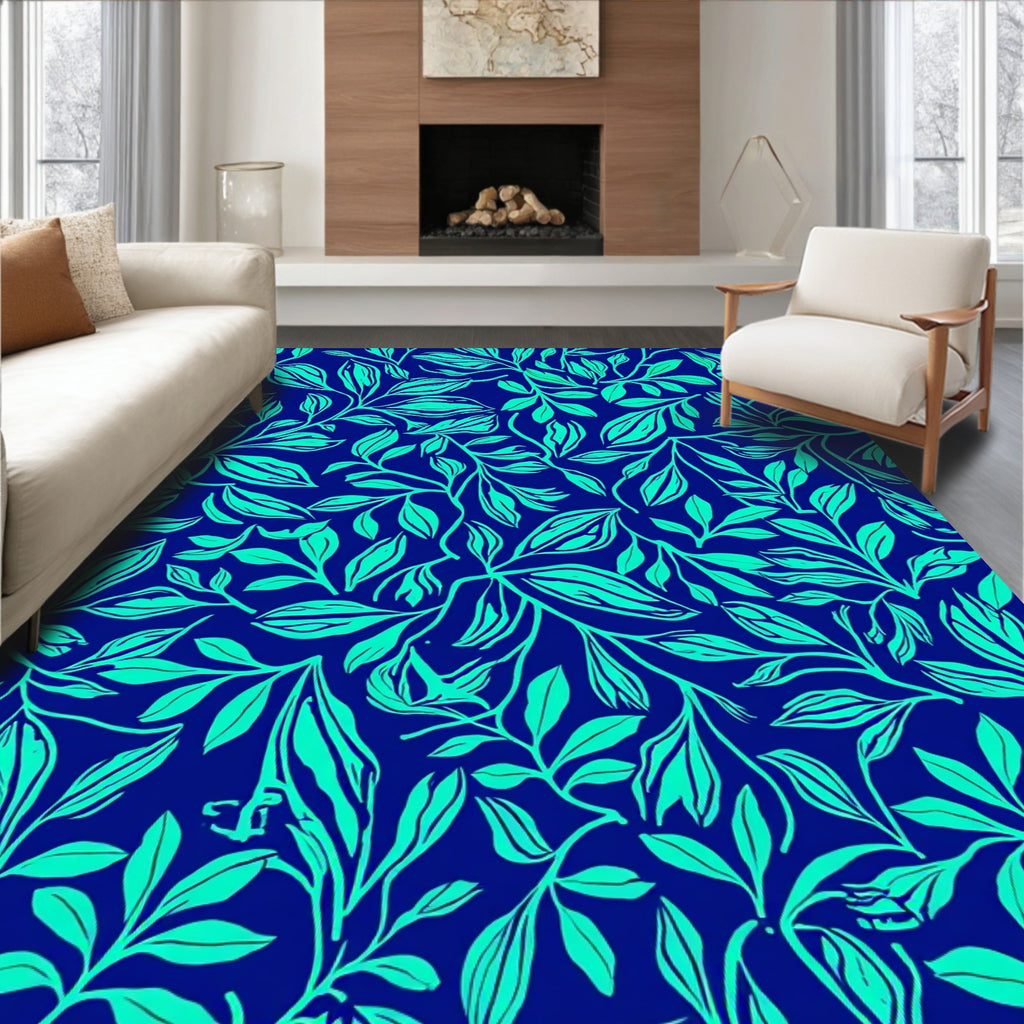 Deep Blue Botanical Vine Pattern Rug