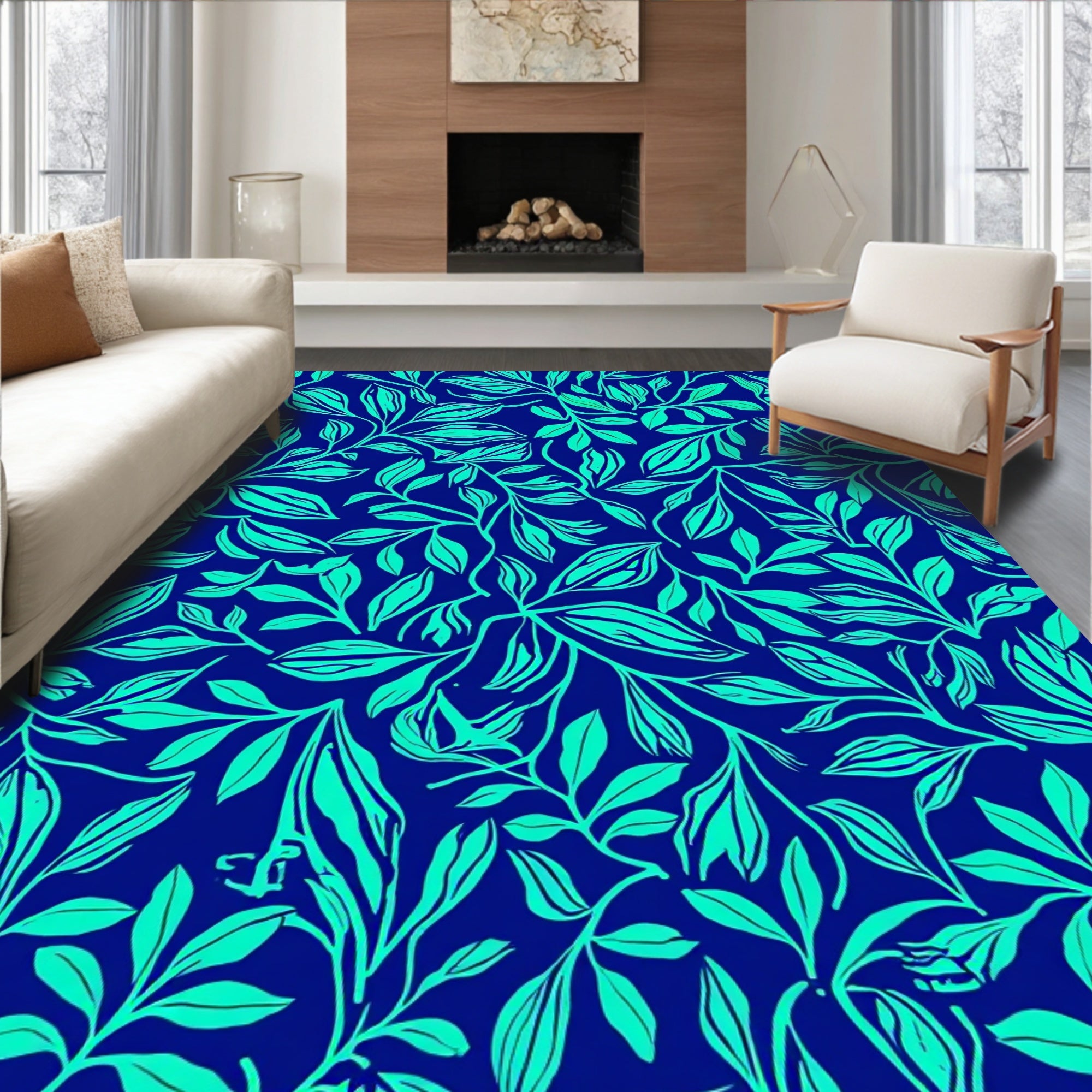 Deep Blue Botanical Vine Pattern Rug