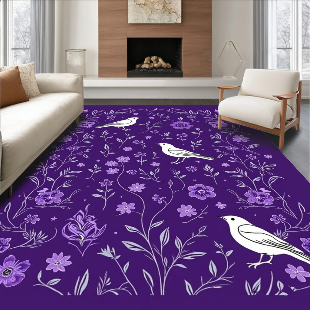Purple Bird Floral Whimsical Vine Rug
