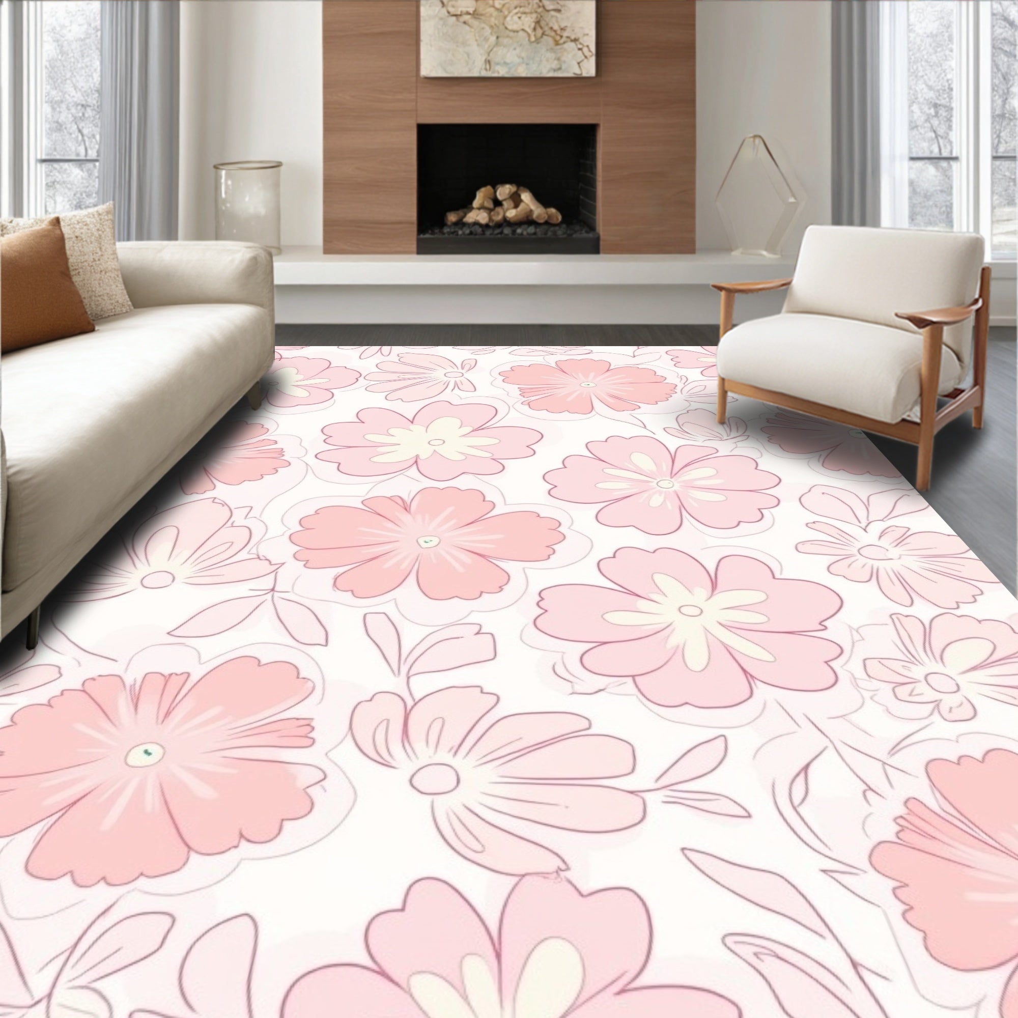 Pink Pastel Floral Outline Rug