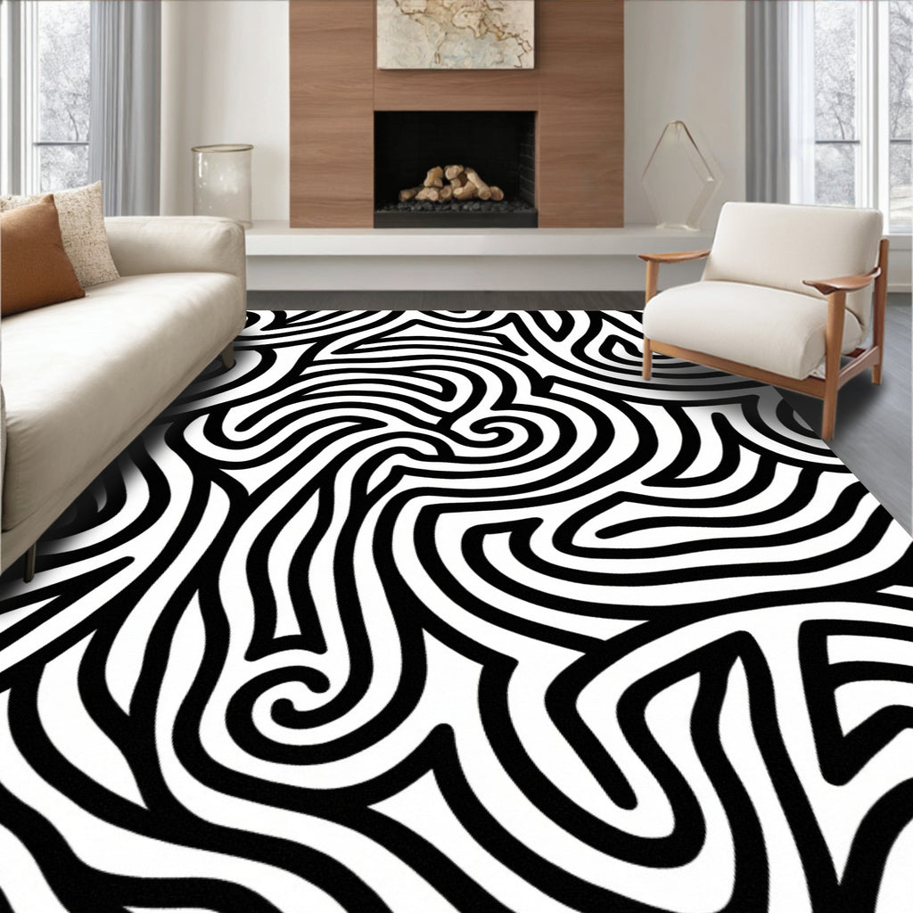 Bold Black White Swirl Pattern Rug