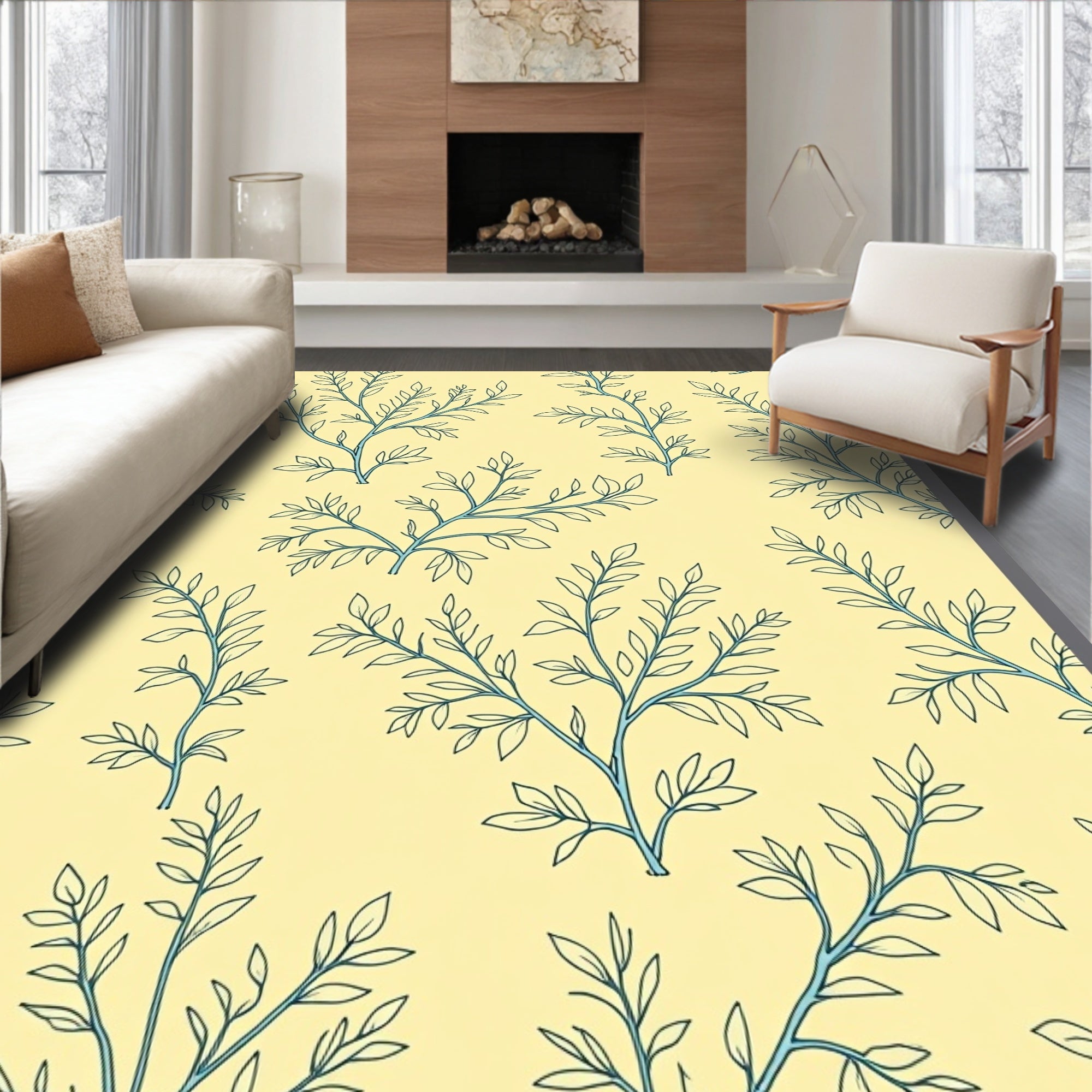 Light Yellow Leaf Branch Pattern Rug