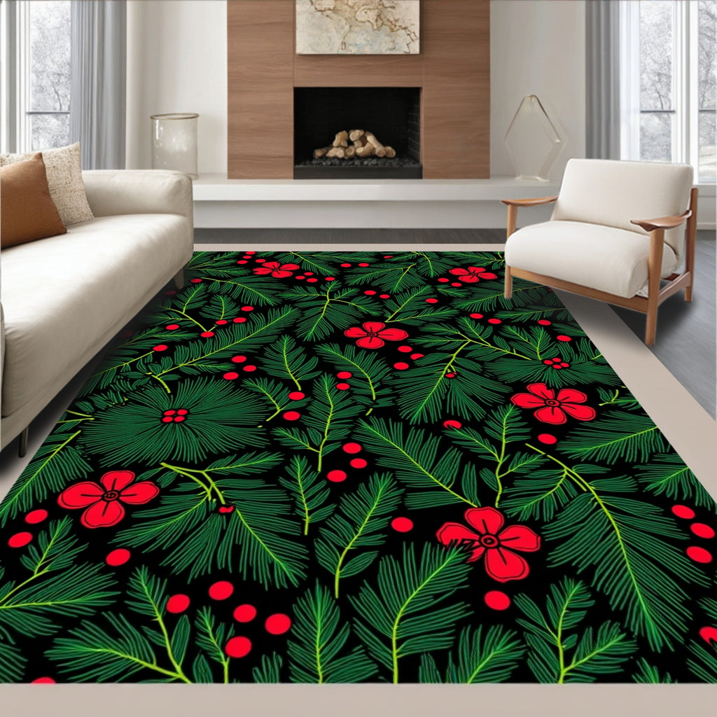 Green Pine Branches with Red Berries Rug