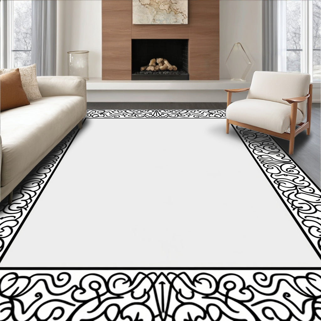 Ornate Scrollwork Black Border Rug