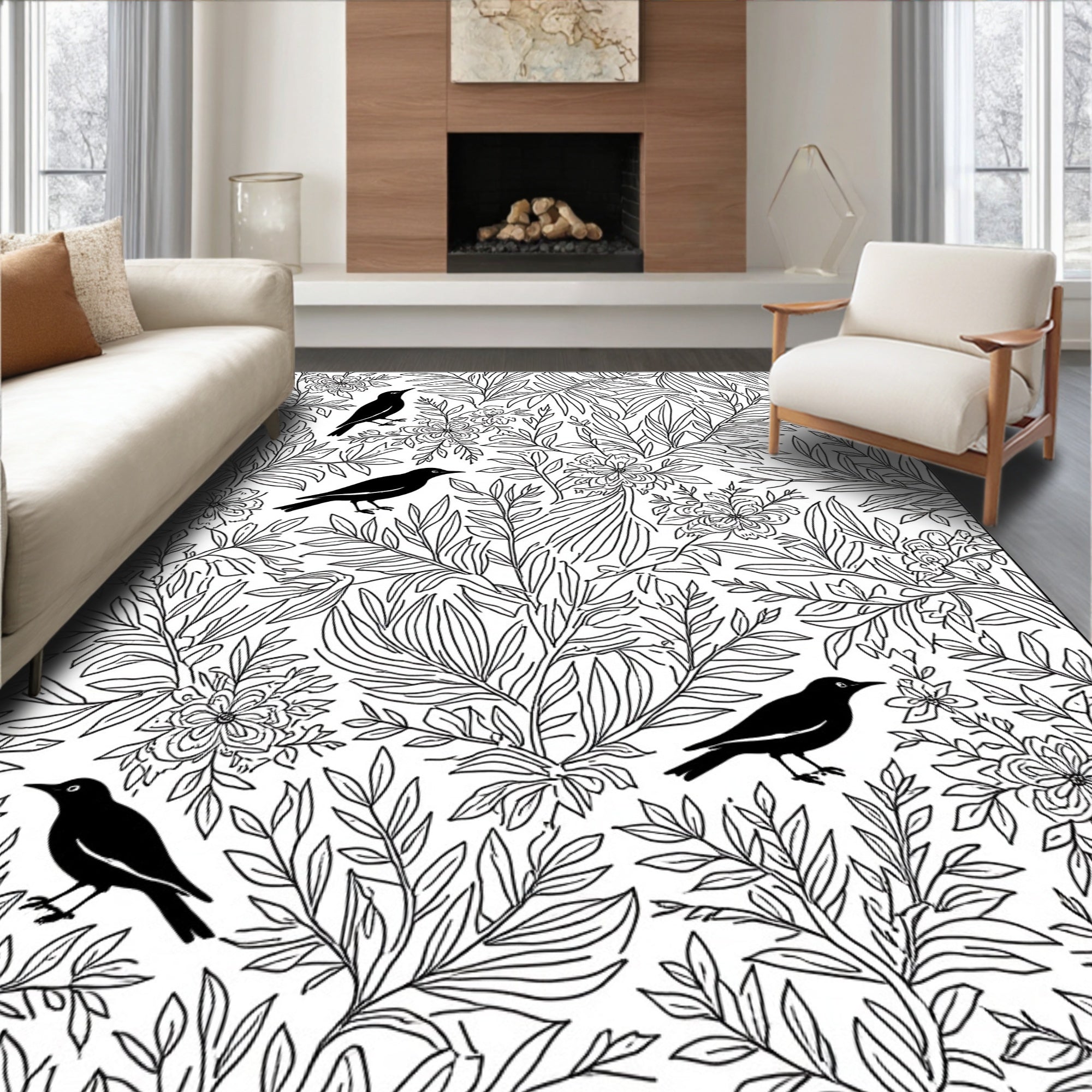 Botanical Birds In A Garden Pattern Rug