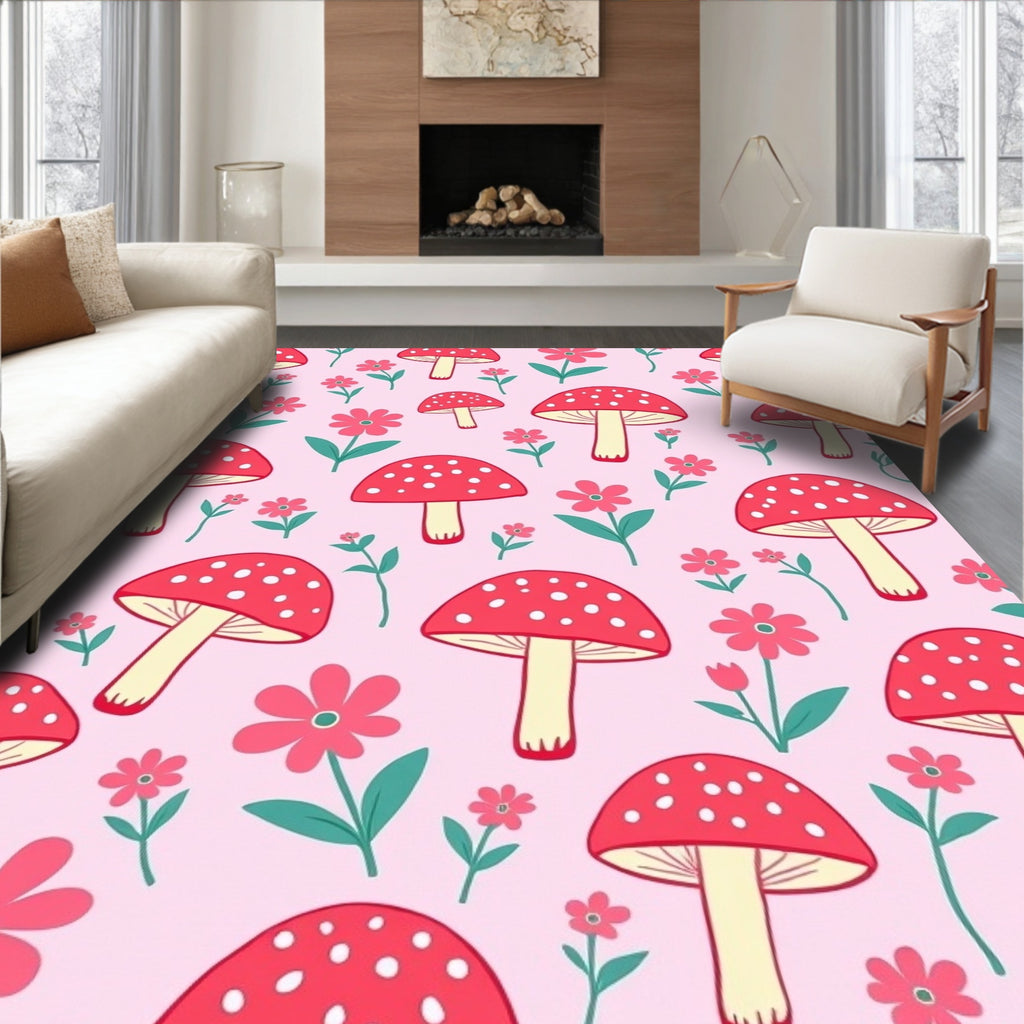 Pink Mushroom Flower Pattern Rug
