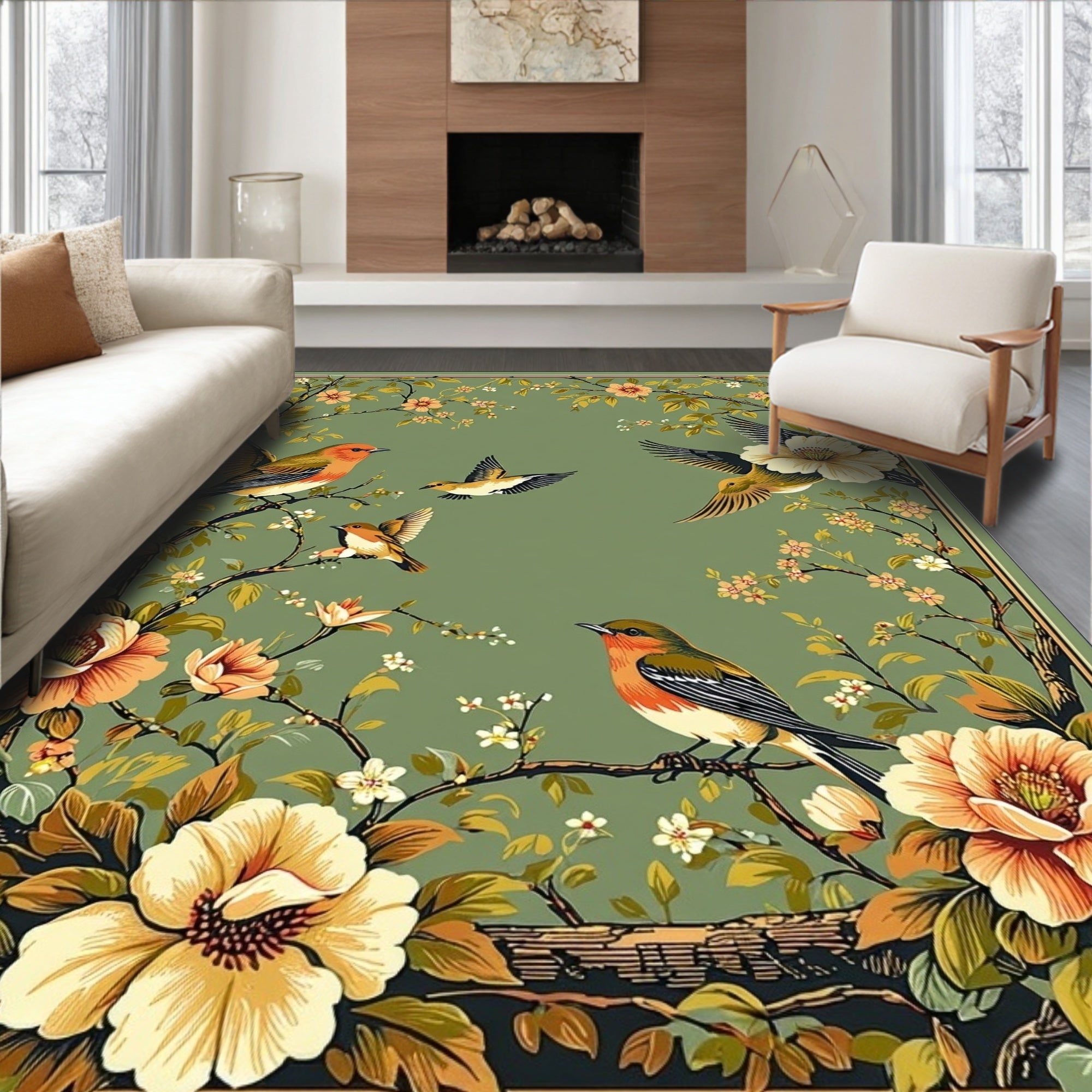 Ornate Bird Floral Nature Pattern Rug