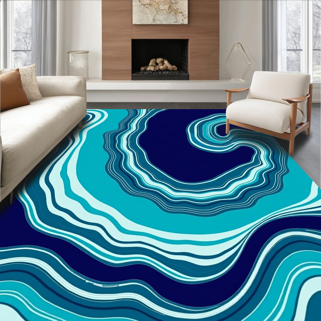 Deep Blue Aqua Swirling Layers Rug