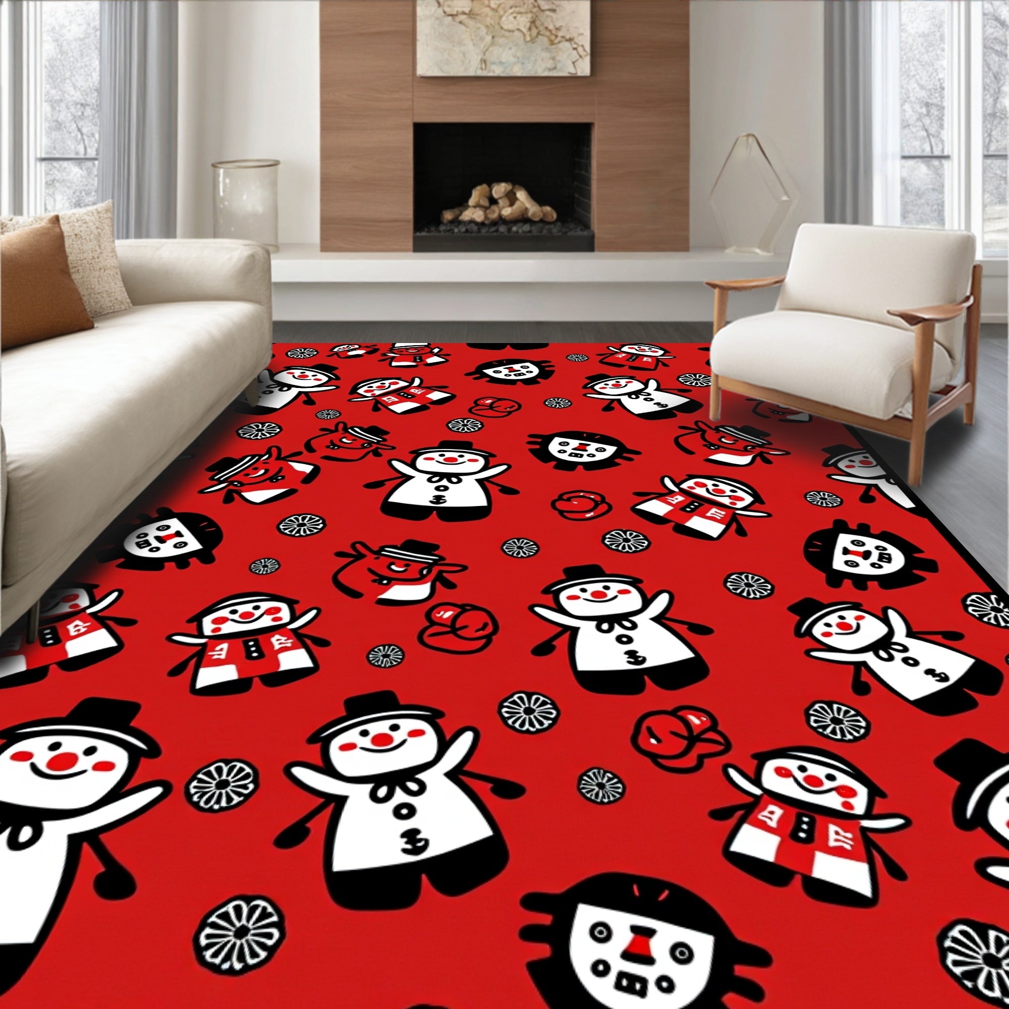 Cheerful Snowman Winter Folk Art Rug