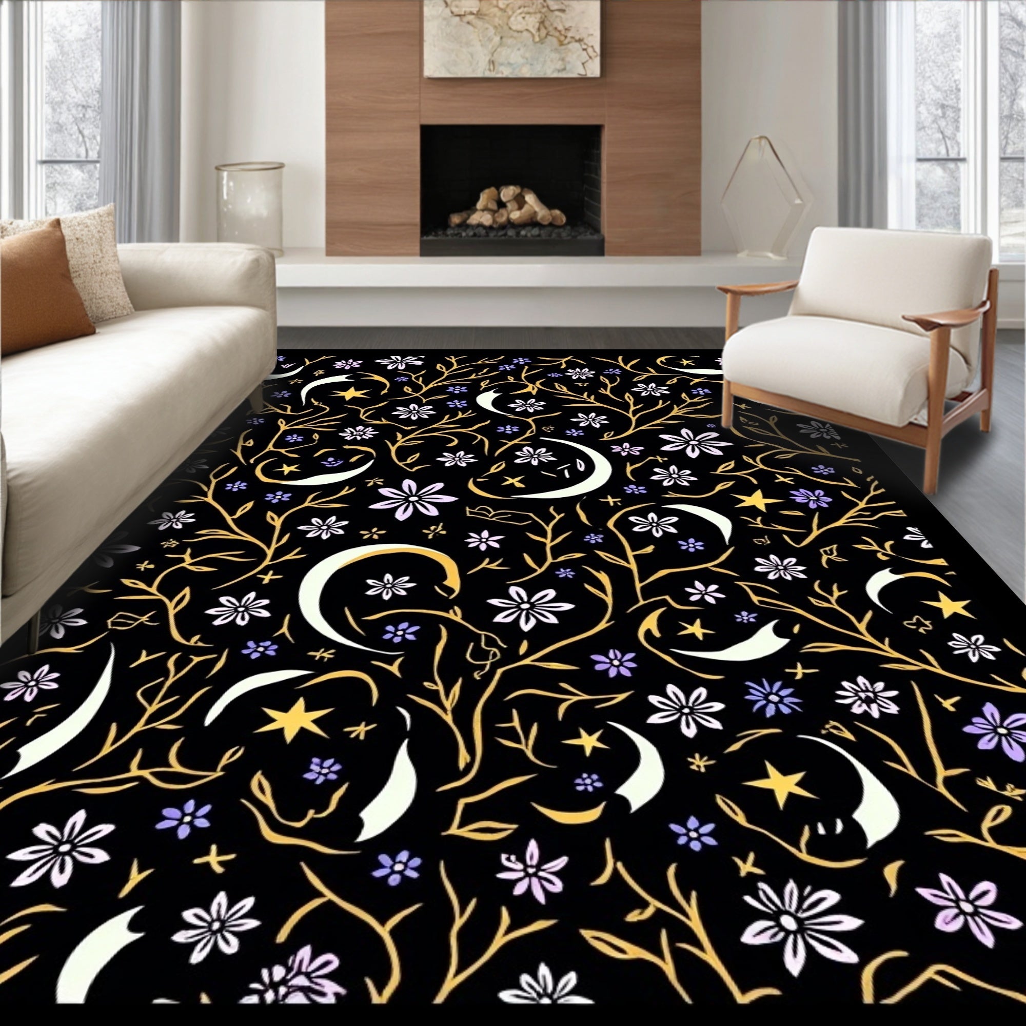 Whimsical Moon Stars Floral Print Rug