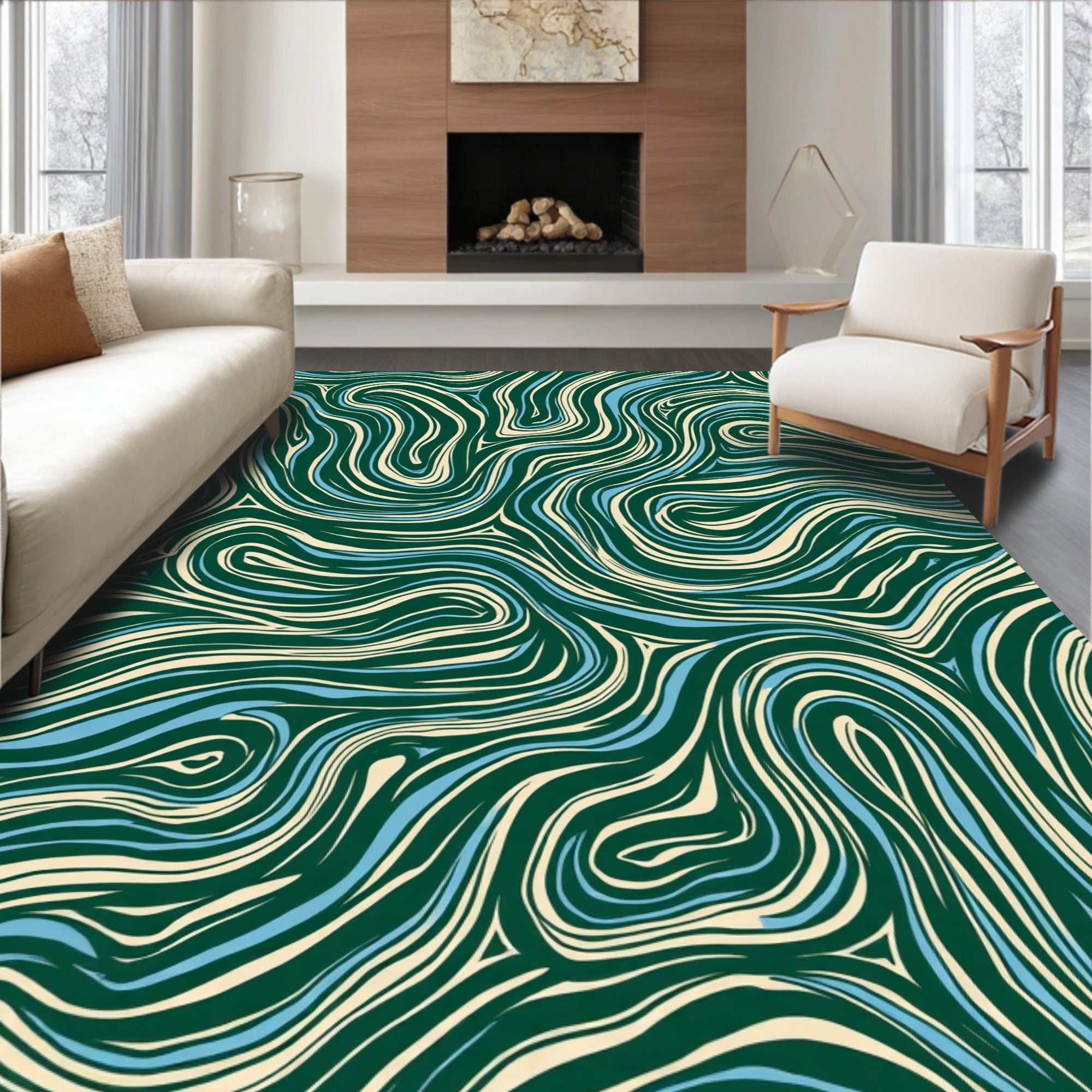Swirling Lines Green Ivory Blue Pattern Rug