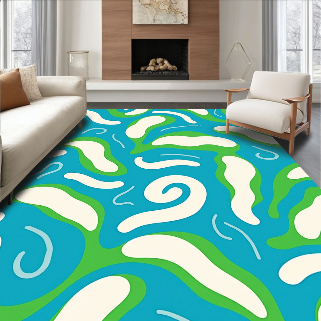 Boho Blue Green Organic Swirls Rug