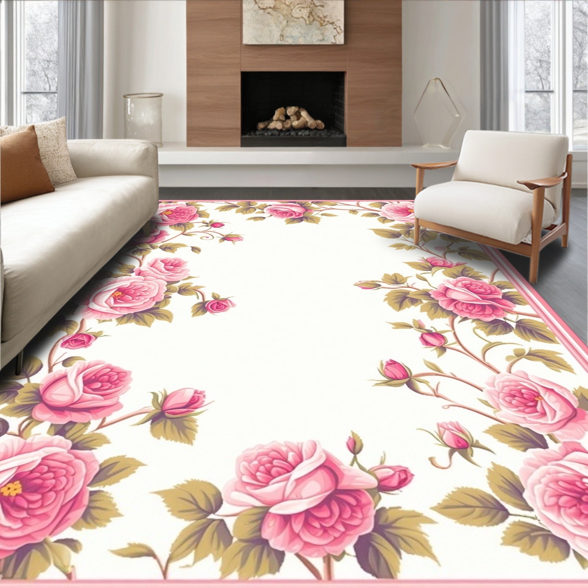 Pink Rose Floral Border Design Rug