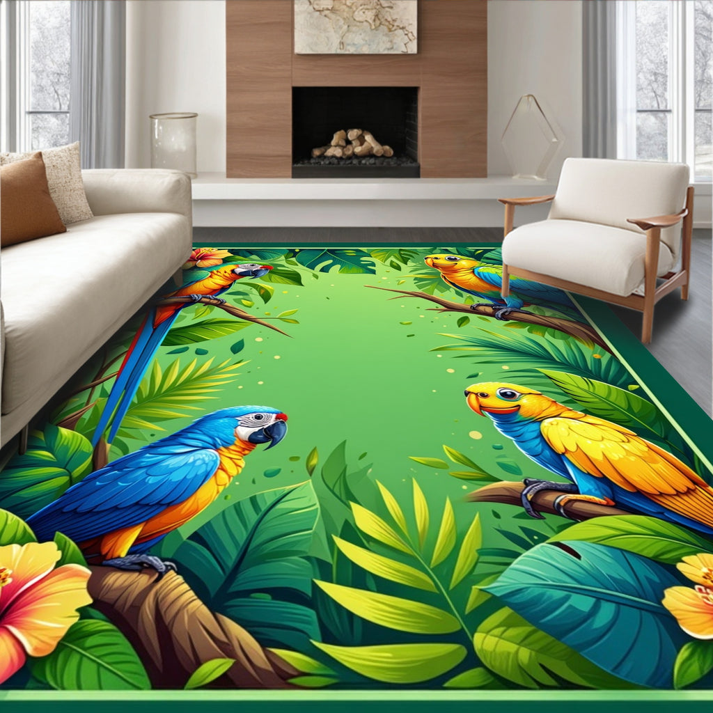 Tropical Rainforest Parrot Floral Pattern Rug