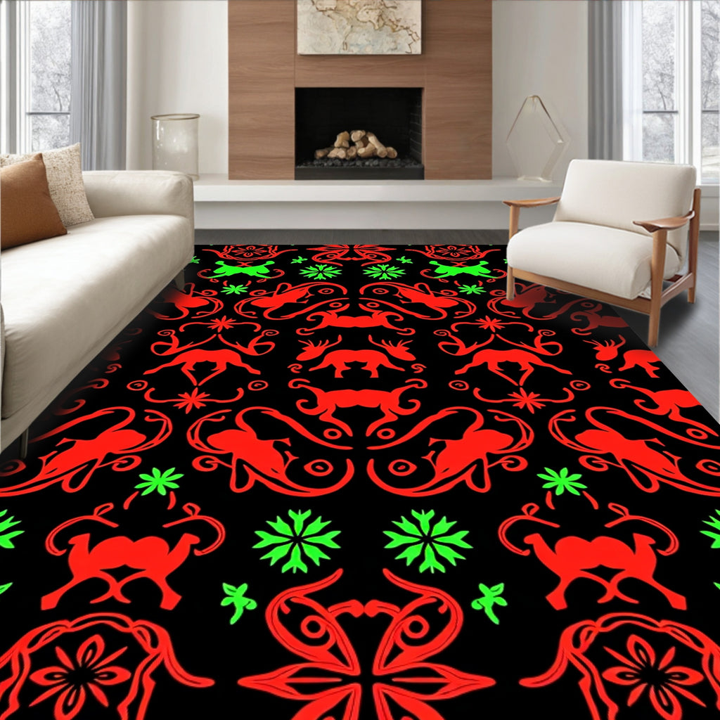 Red Green Animal Tribal Medallion Rug