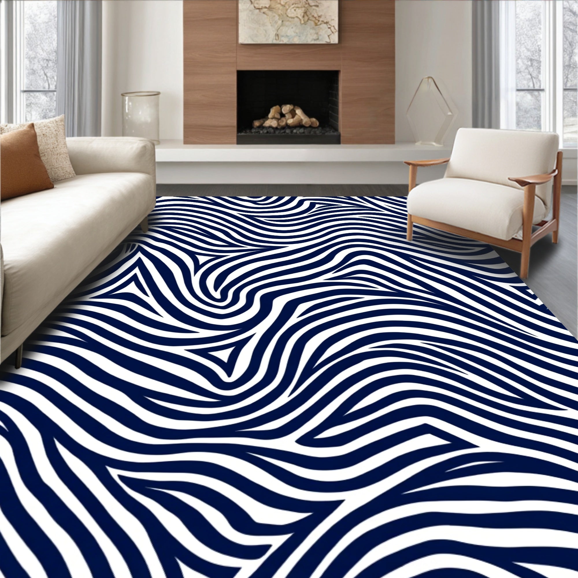Abstract Blue White Wavy Lines Rug