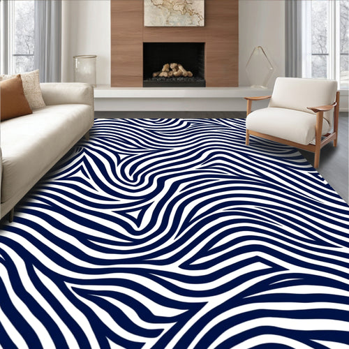 Abstract Blue White Wavy Lines Rug