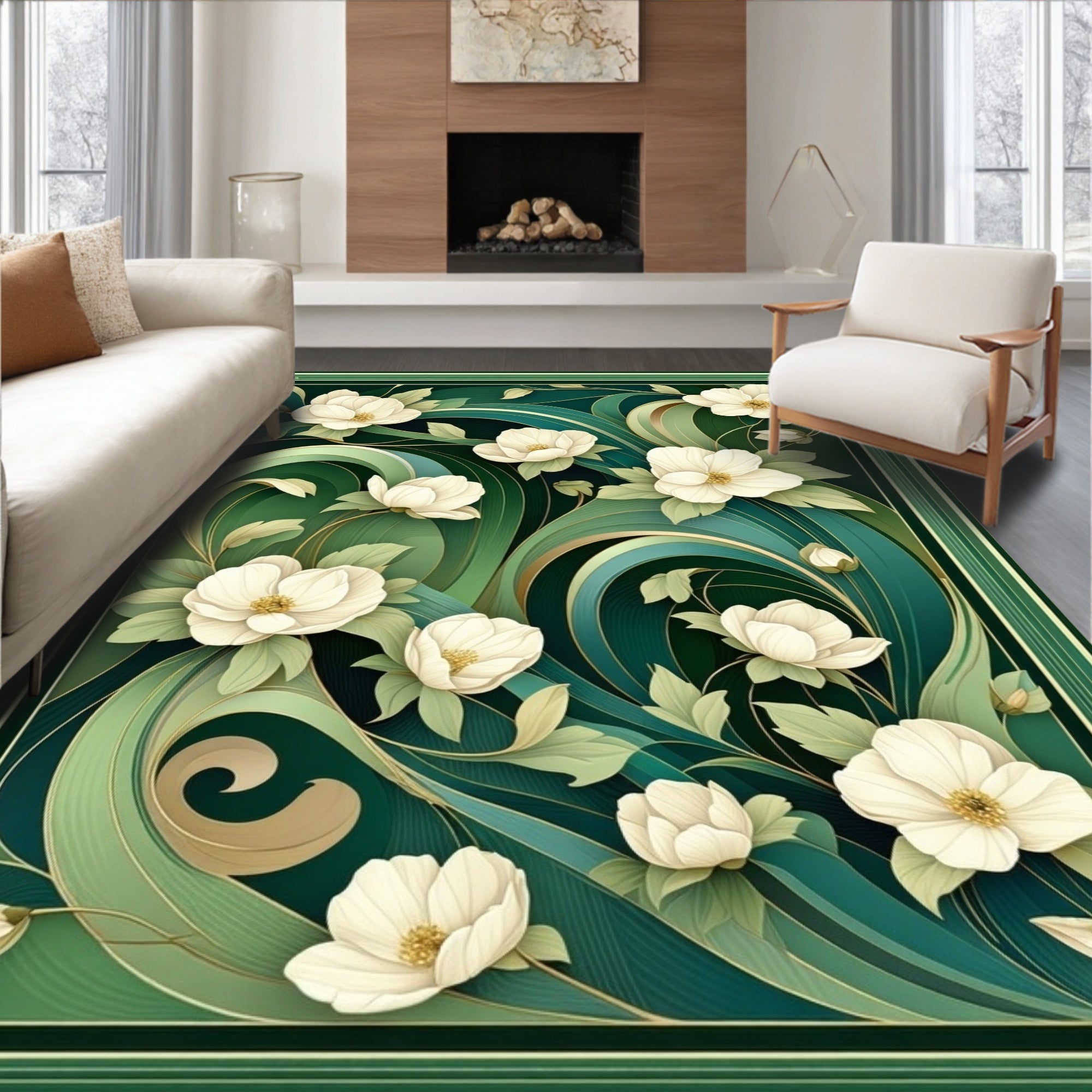 Elegant Floral Swirls Green Rug