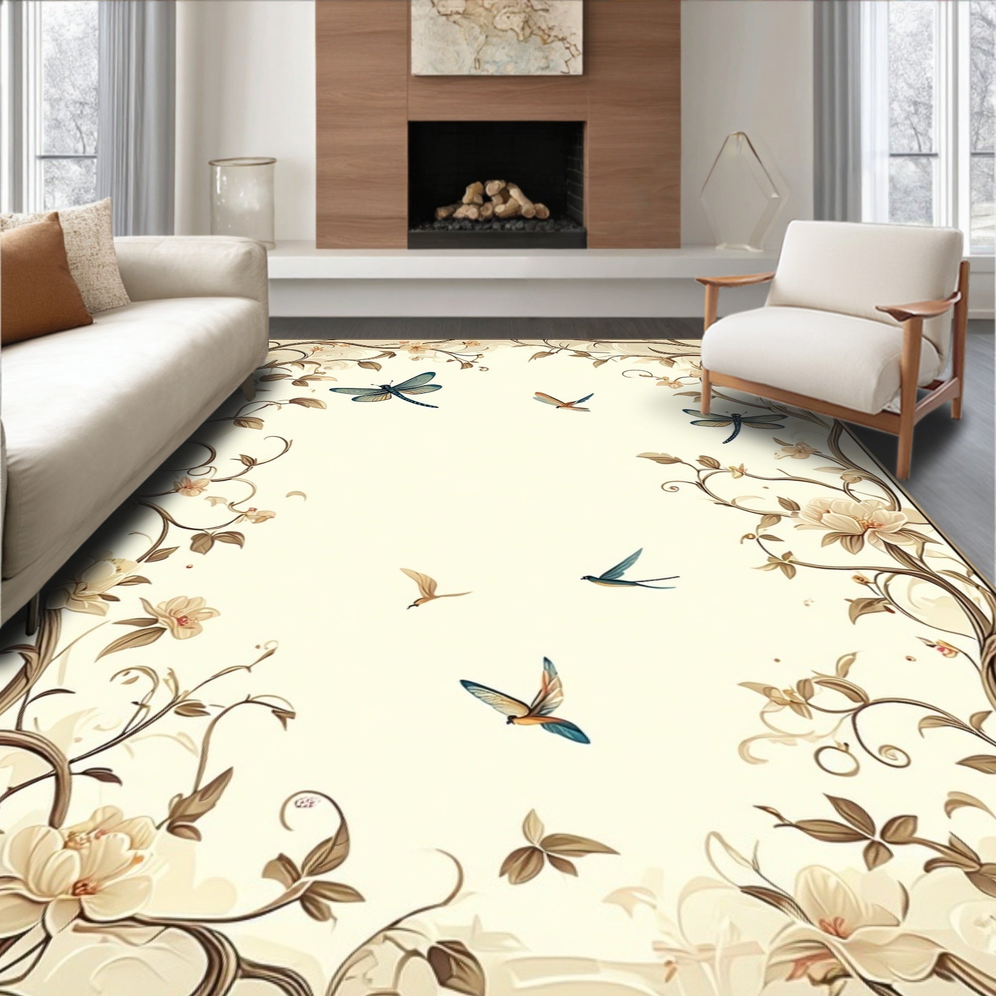 Floral Vine Dragonfly Bird Whimsical Design Rug