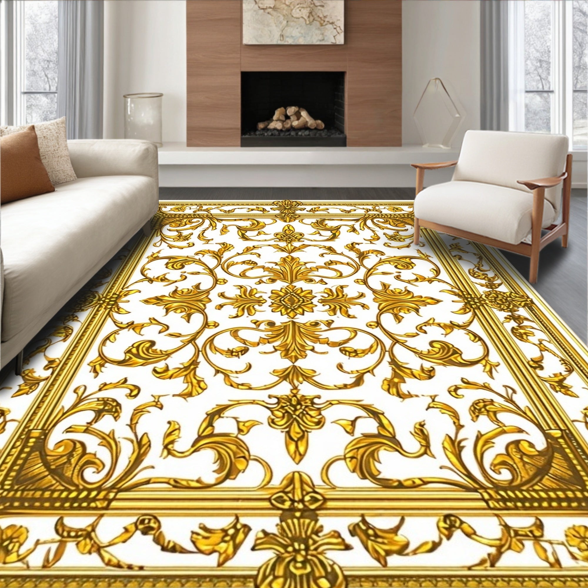Ornate Gold Filigree Scroll Pattern Rug