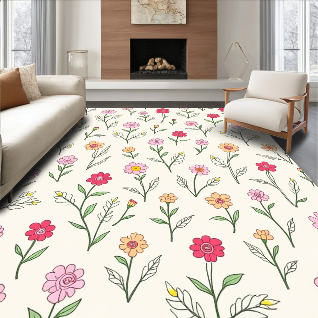 Drawn Floral Pattern With Pink Yellow Rug