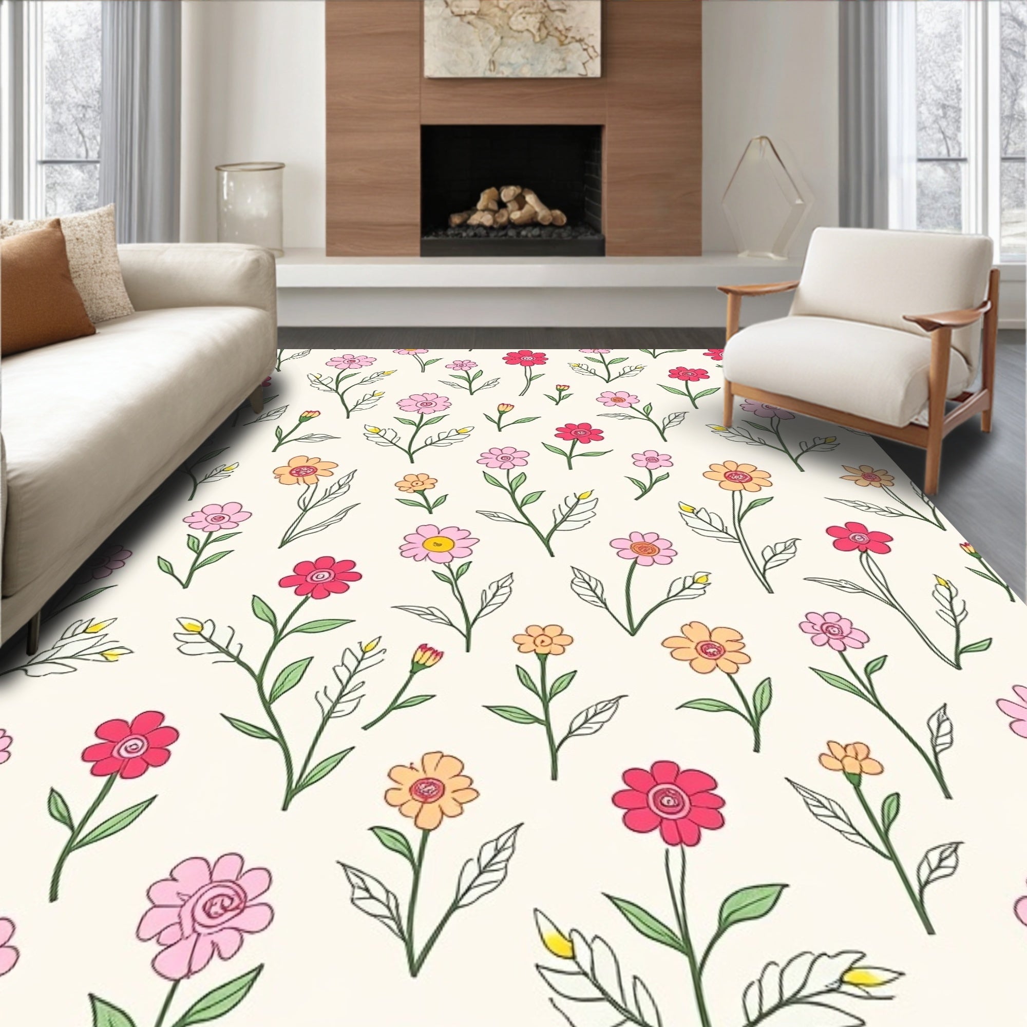 Drawn Floral Pattern With Pink Yellow Rug