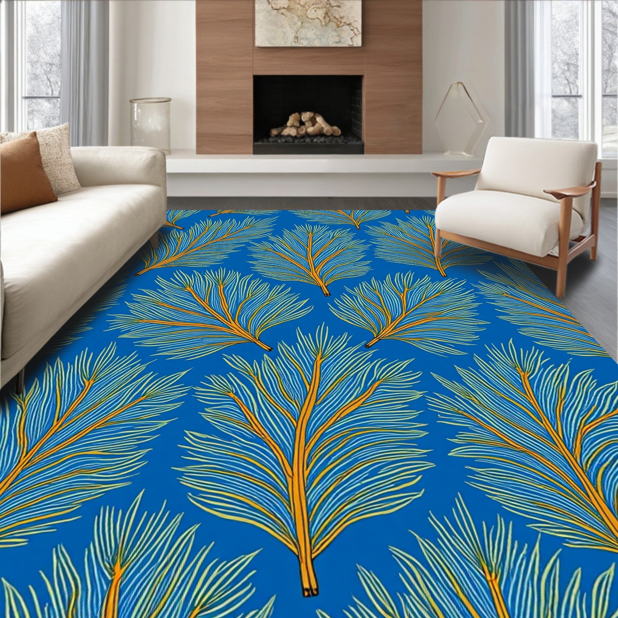 Blue And Yellow Feathery Pattern Design Rug